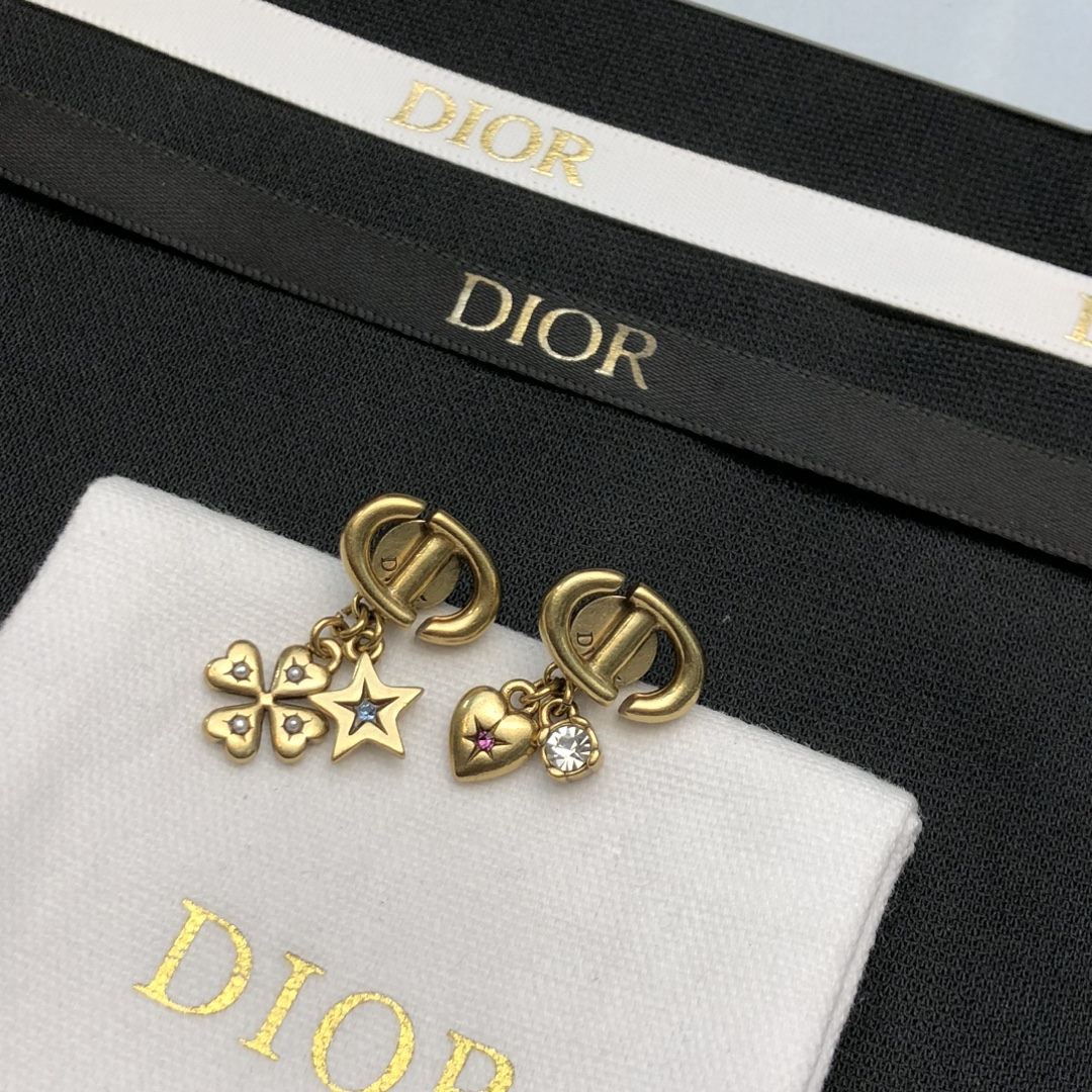 Dior Lucky Charms CD earrings Aged gold-tone metal with clear pink blue and clear crystal accents One Size