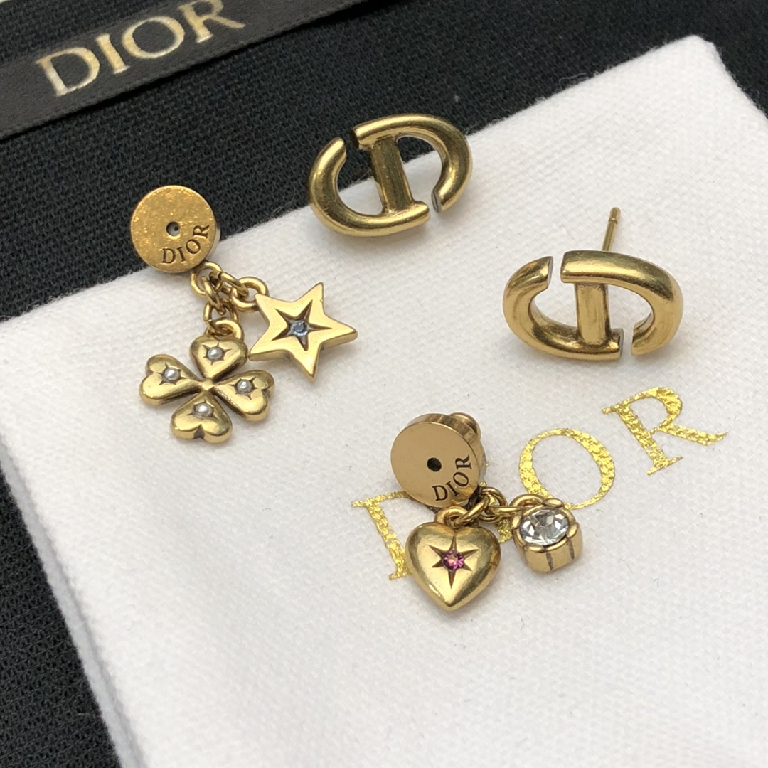 Dior Lucky Charms CD earrings Aged gold-tone metal with clear pink blue and clear crystal accents One Size