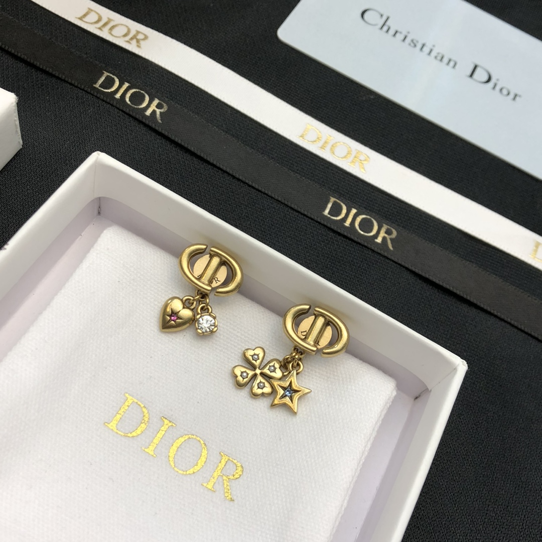 Dior Lucky Charms CD earrings Aged gold-tone metal with clear pink blue and clear crystal accents One Size