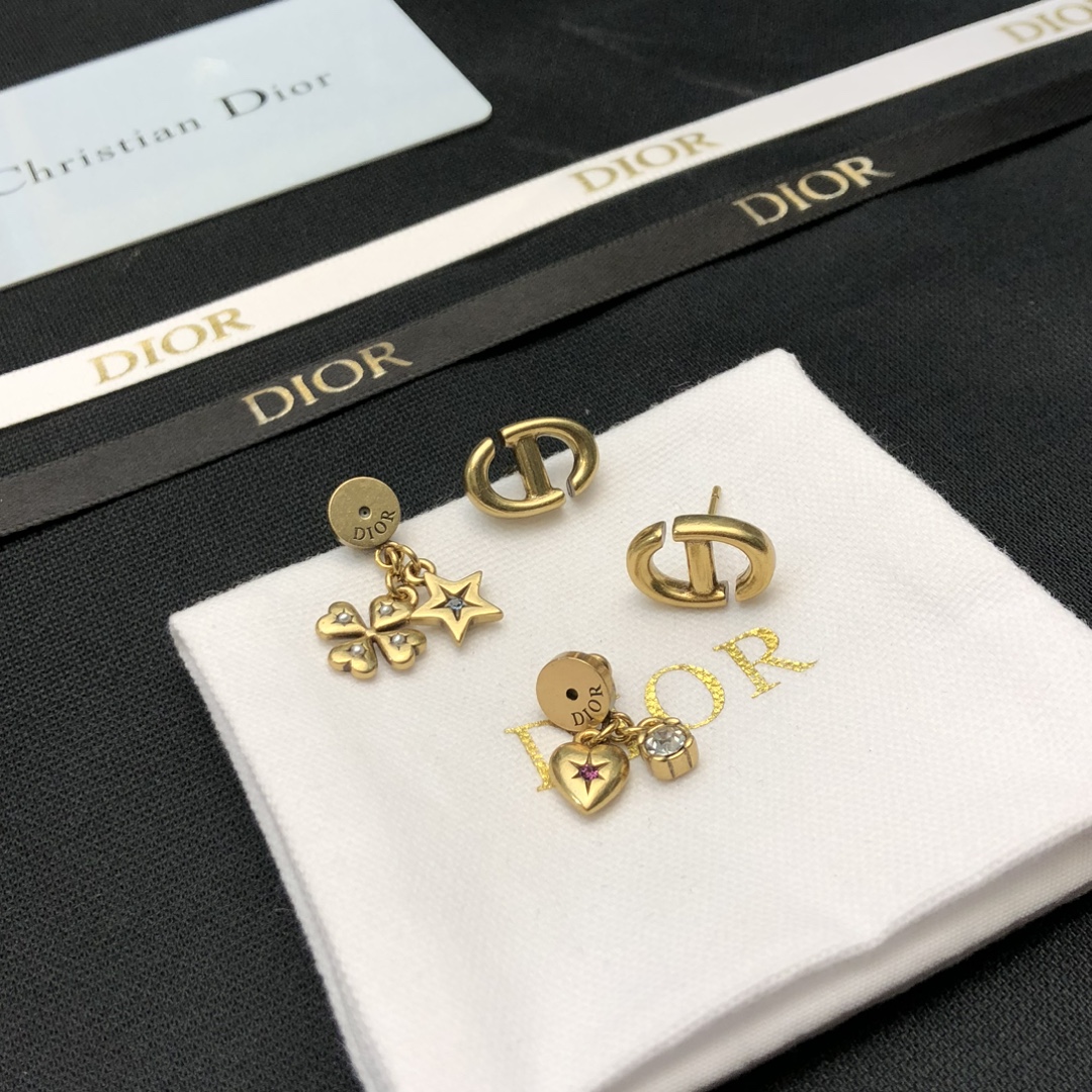 Dior Lucky Charms CD earrings Aged gold-tone metal with clear pink blue and clear crystal accents One Size