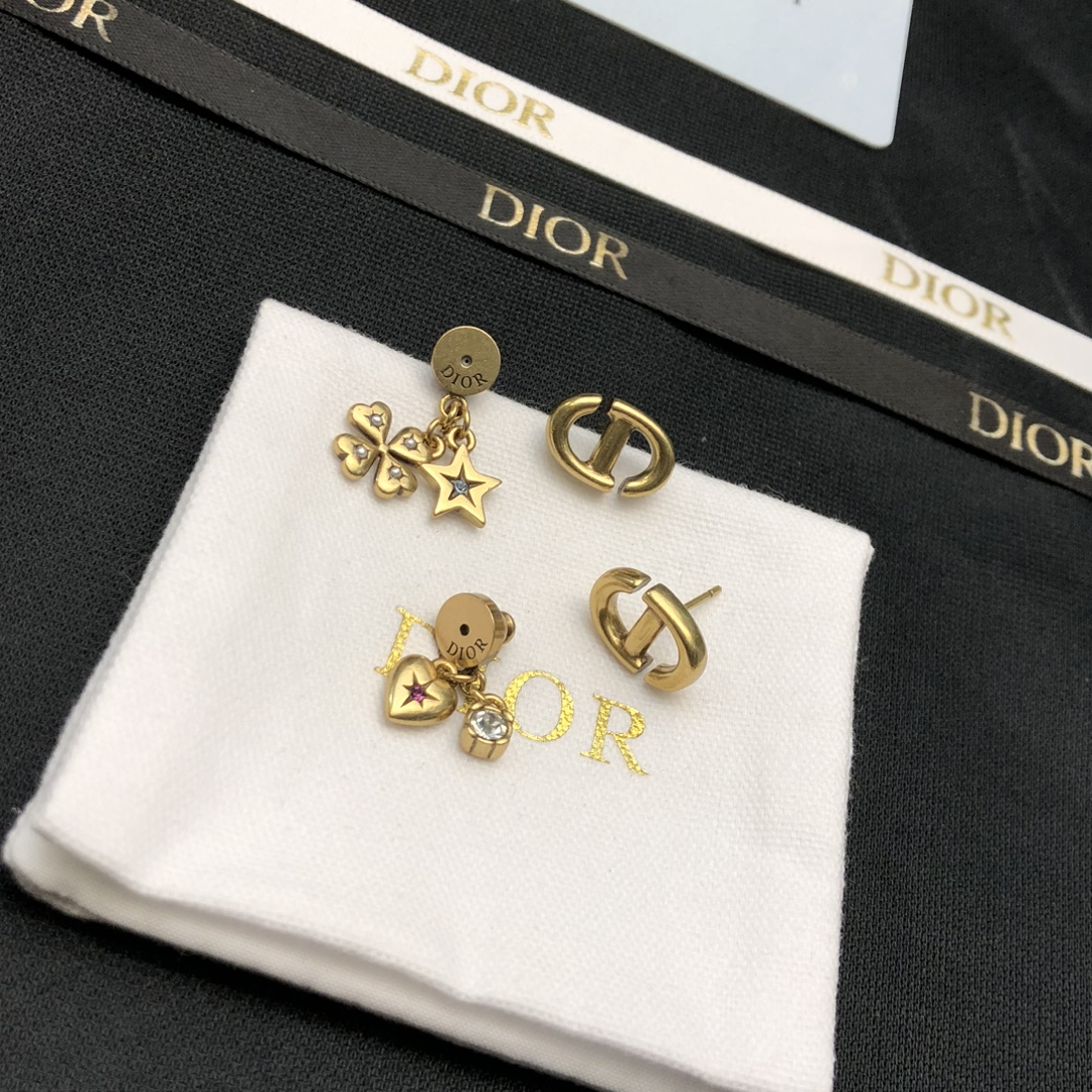 Dior Lucky Charms CD earrings Aged gold-tone metal with clear pink blue and clear crystal accents One Size