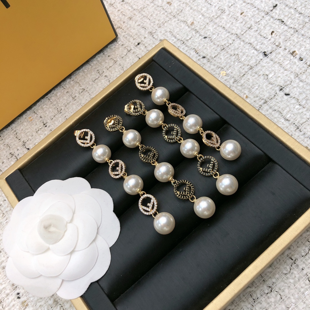 Fendi F Is Fendi Pearl Drop Earrings earrings gold-tone metal clear crystal pave white pearl 6cm drop length