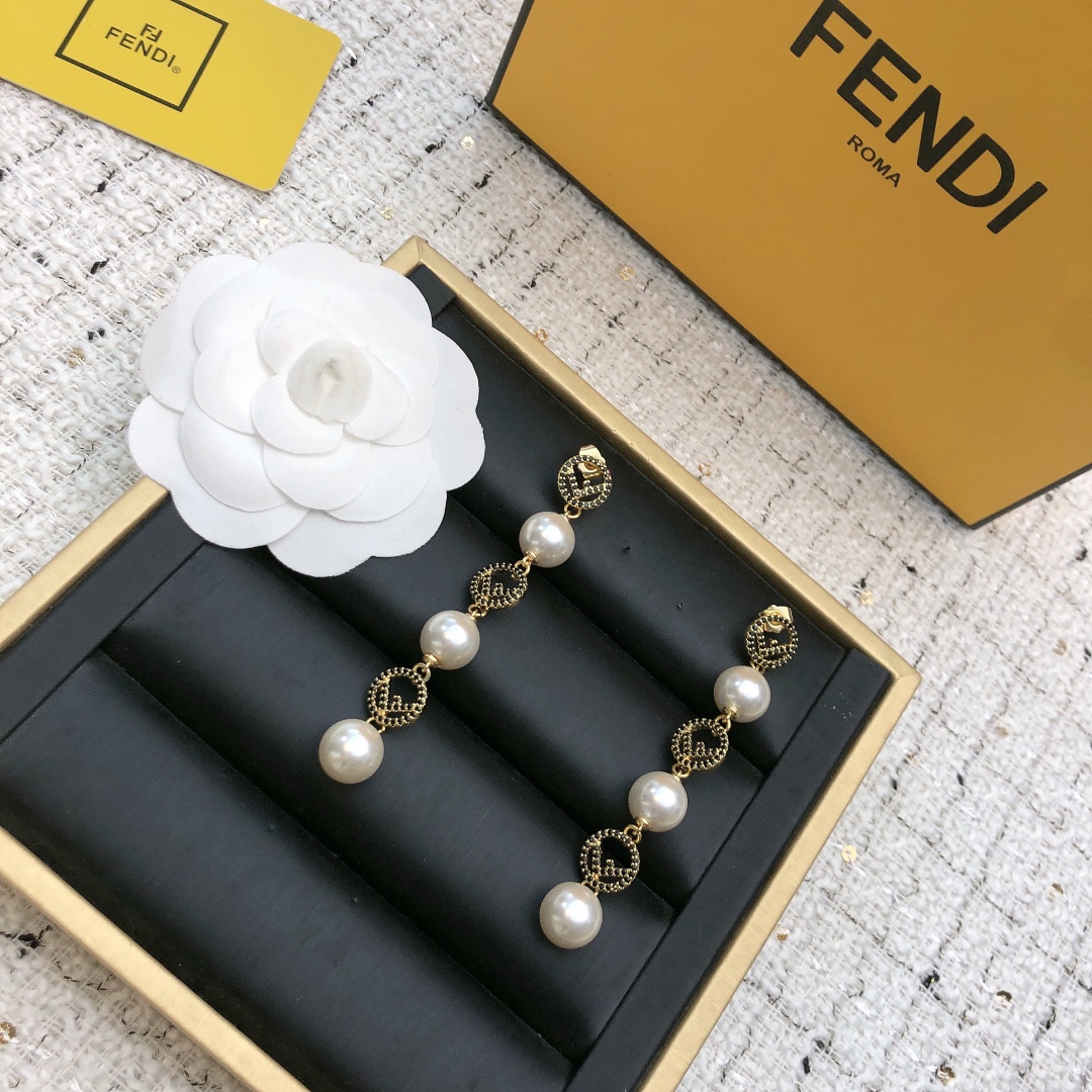 Fendi F Is Fendi Pearl Drop Earrings earrings gold-tone metal clear crystal pave white pearl 6cm drop length
