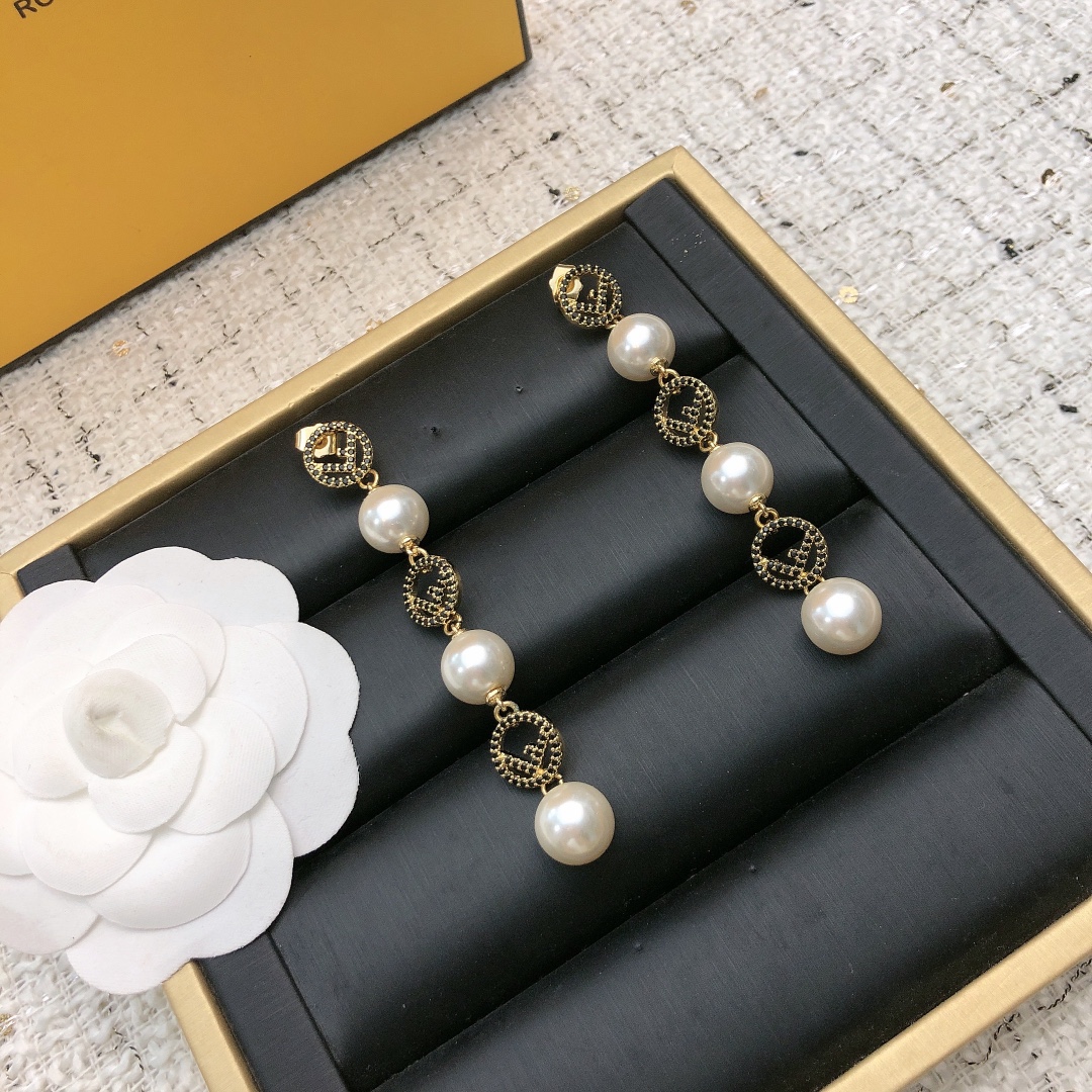 Fendi F Is Fendi Pearl Drop Earrings earrings gold-tone metal clear crystal pave white pearl 6cm drop length
