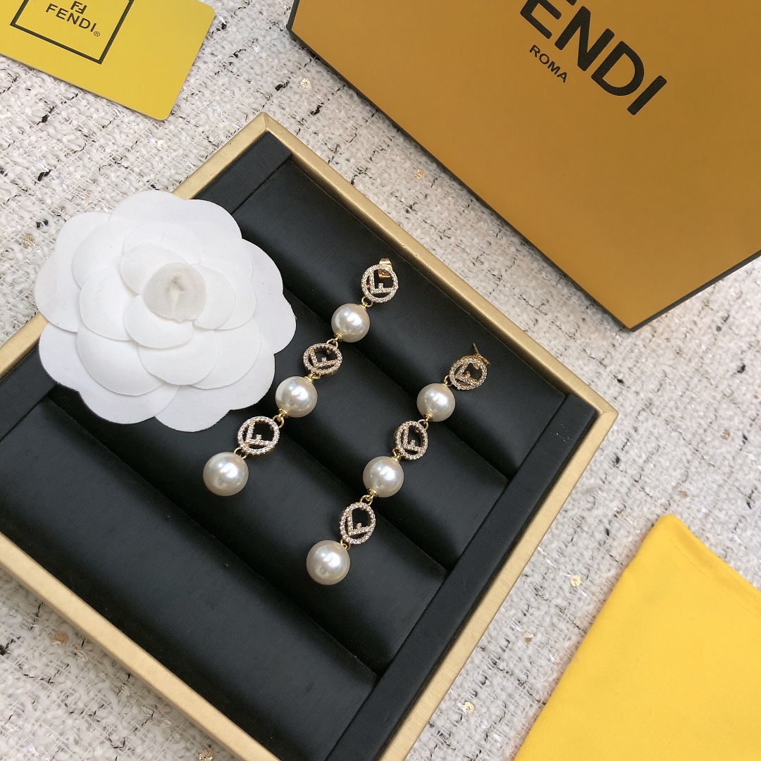 Fendi F Is Fendi Pearl Drop Earrings earrings gold-tone metal clear crystal pave white pearl 6cm drop length