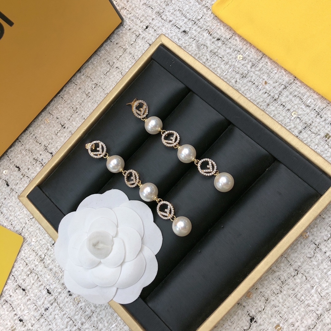 Fendi F Is Fendi Pearl Drop Earrings earrings gold-tone metal clear crystal pave white pearl 6cm drop length