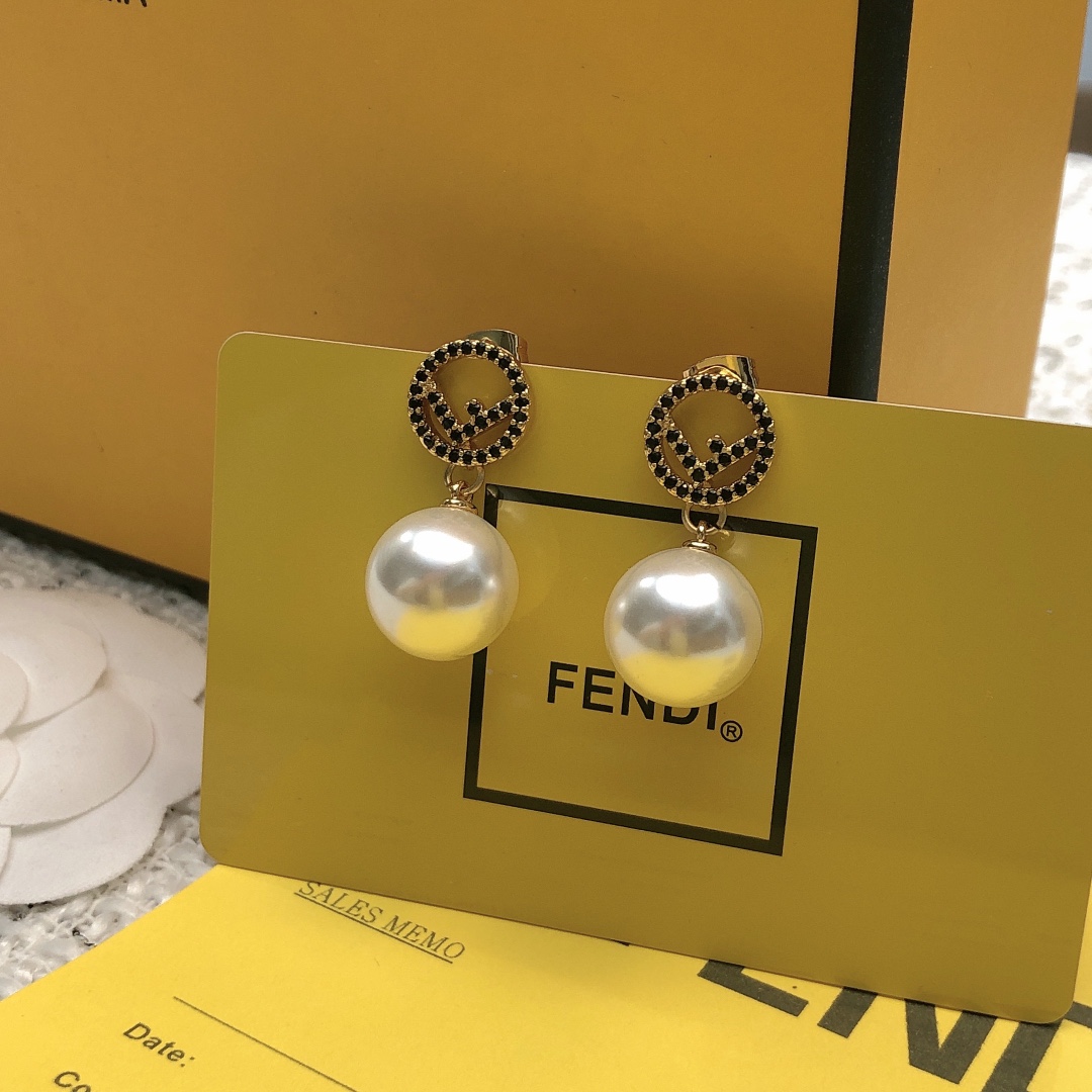 Fendi F is Fendi Logo Pearl Drop Earrings earrings gold-tone metal black pave crystals white pearl 3 5cm drop length