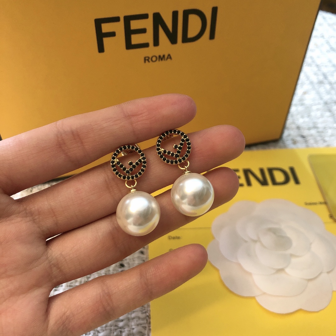 Fendi F is Fendi Logo Pearl Drop Earrings earrings gold-tone metal black pave crystals white pearl 3 5cm drop length
