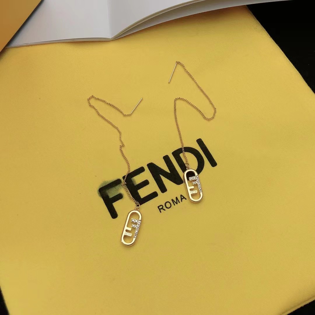 Fendi O Lock earrings gold-tone metal with clear crystal accents 6cm chain length