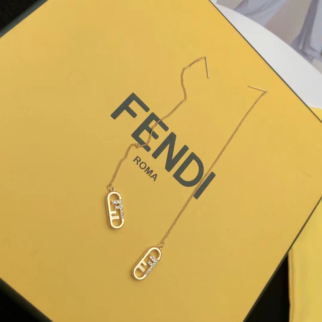 Fendi O Lock earrings gold-tone metal with clear crystal accents 6cm chain length