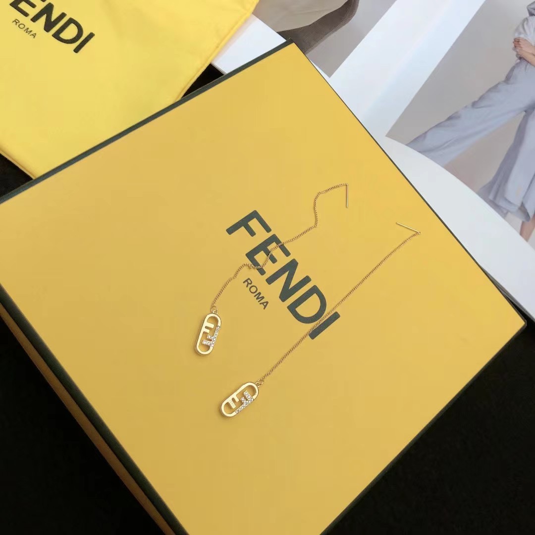 Fendi O Lock earrings gold-tone metal with clear crystal accents 6cm chain length