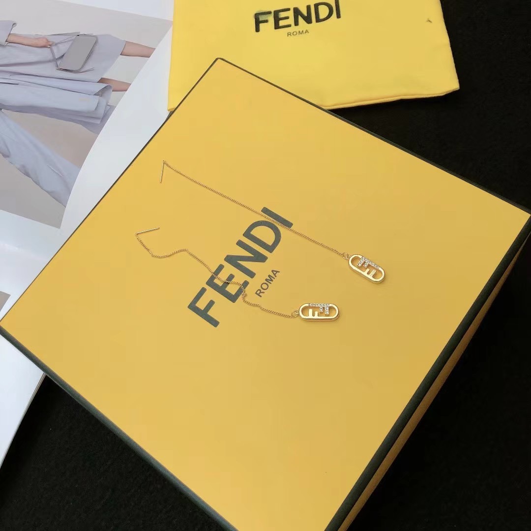 Fendi O Lock earrings gold-tone metal with clear crystal accents 6cm chain length
