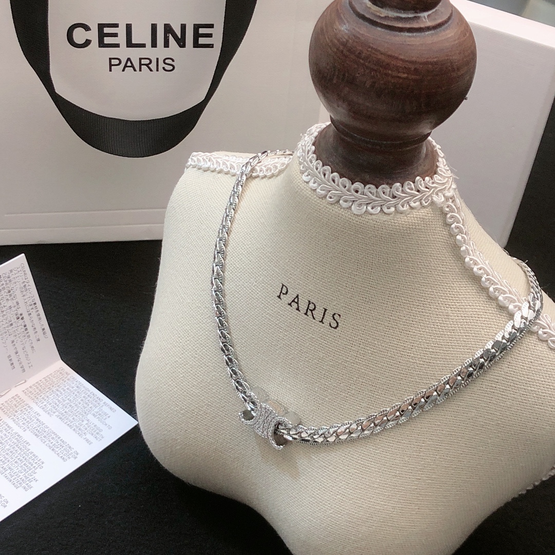 Celine Triomphe necklace gold-tone metal with clear crystal accents silver-tone metal with clear crystal accents 40cm with 5cm extender