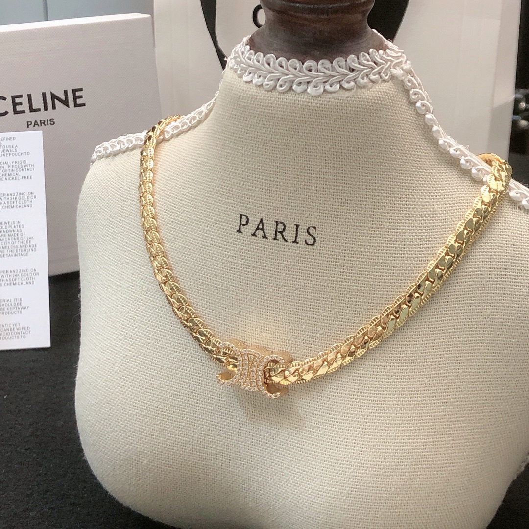 Celine Triomphe necklace gold-tone metal with clear crystal accents silver-tone metal with clear crystal accents 40cm with 5cm extender
