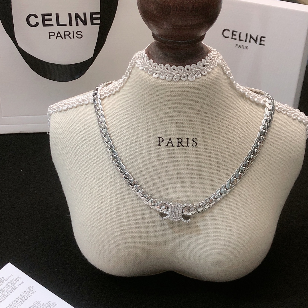 Celine Triomphe necklace gold-tone metal with clear crystal accents silver-tone metal with clear crystal accents 40cm with 5cm extender