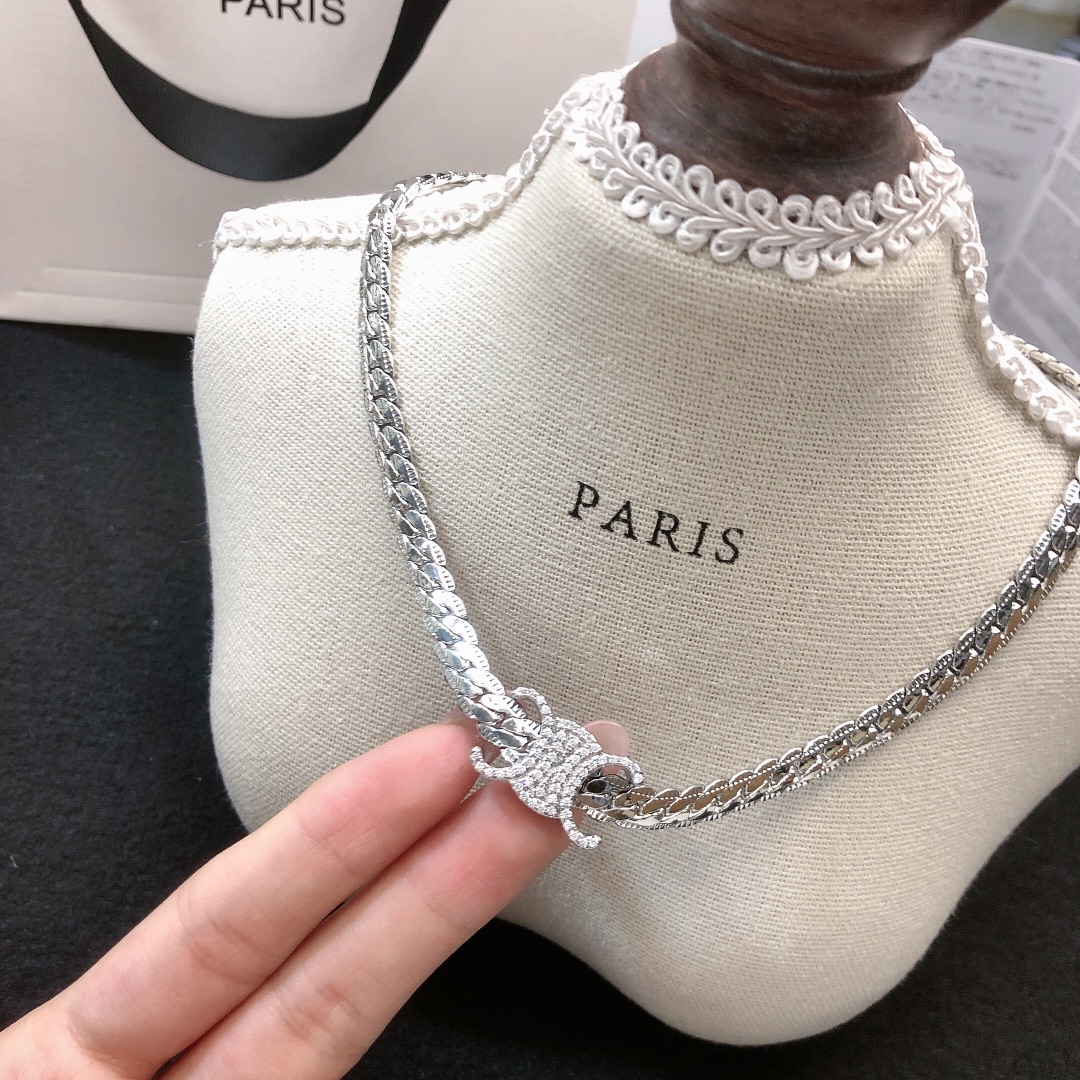 Celine Triomphe necklace gold-tone metal with clear crystal accents silver-tone metal with clear crystal accents 40cm with 5cm extender