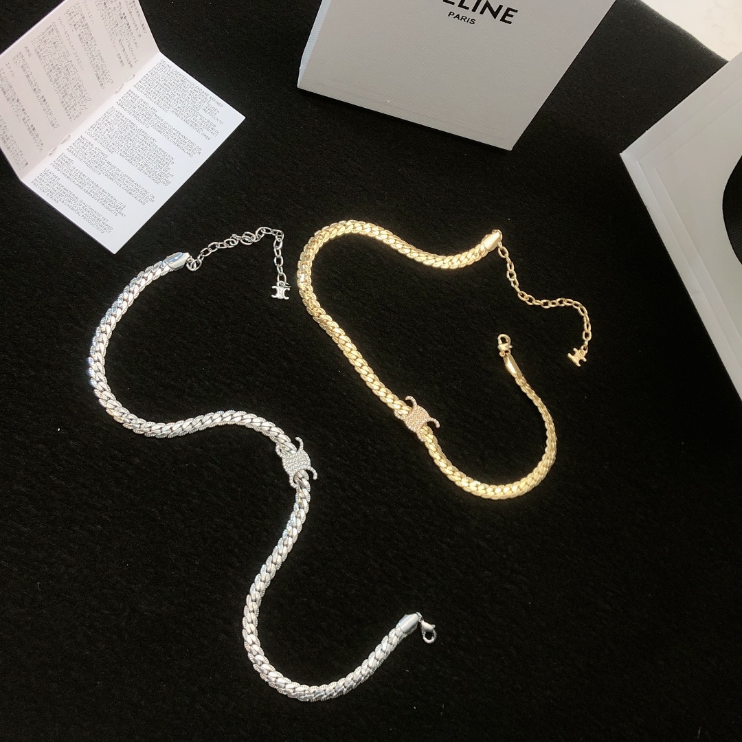 Celine Triomphe necklace gold-tone metal with clear crystal accents silver-tone metal with clear crystal accents 40cm with 5cm extender
