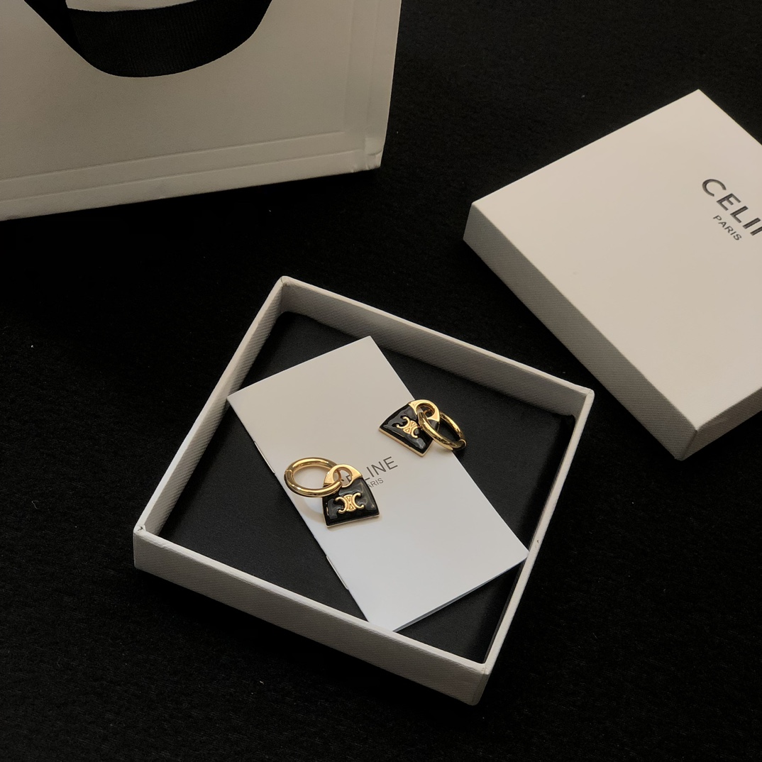 Celine Triomphe Padlock Charm Hoop Earrings earrings gold-tone metal with black enamel and gold Triomphe logo detailing 1 5cm hoop diameter 2cm total drop length
