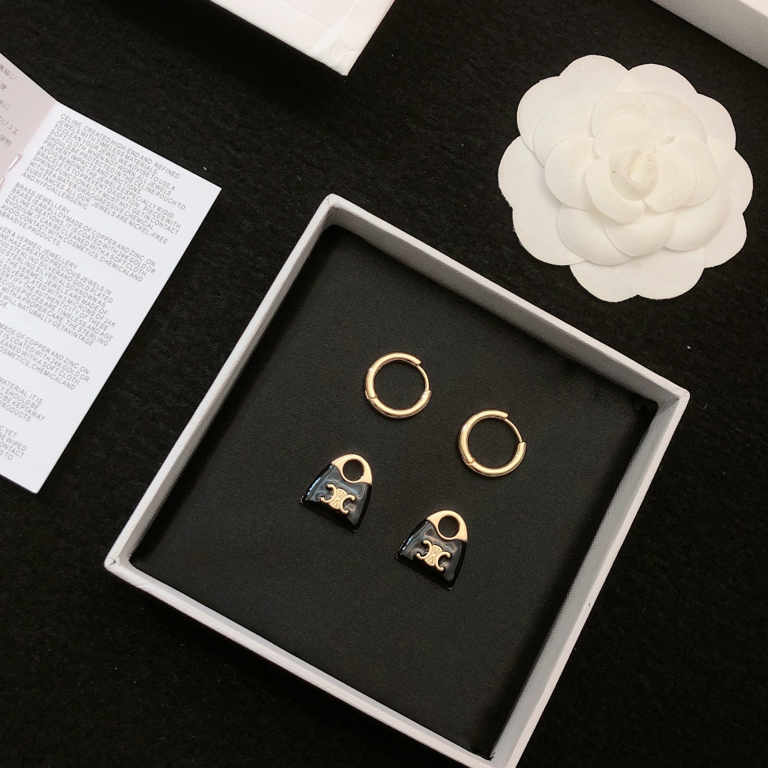 Celine Triomphe Padlock Charm Hoop Earrings earrings gold-tone metal with black enamel and gold Triomphe logo detailing 1 5cm hoop diameter 2cm total drop length