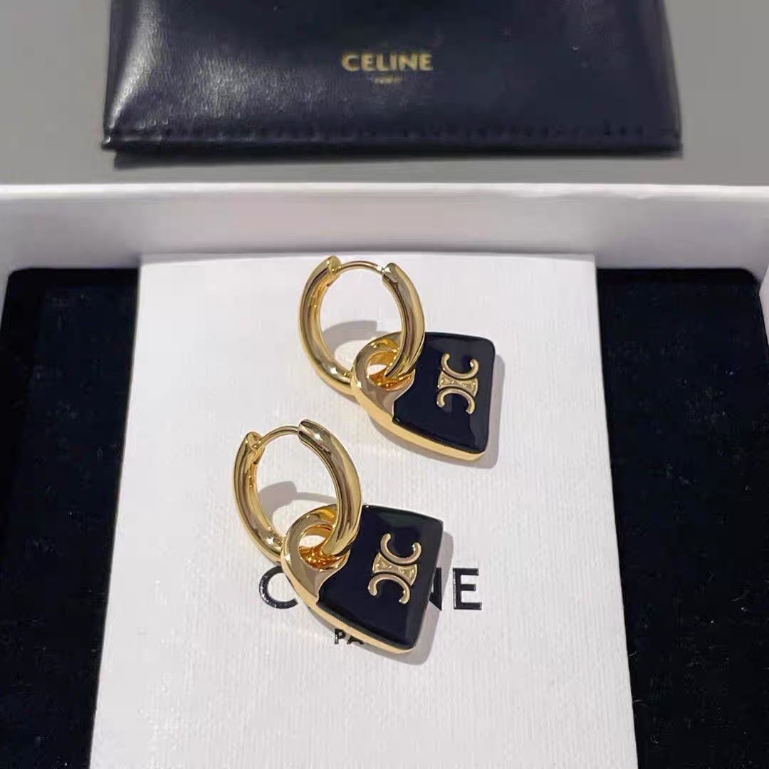 Celine Triomphe Padlock Charm Hoop Earrings earrings gold-tone metal with black enamel and gold Triomphe logo detailing 1 5cm hoop diameter 2cm total drop length