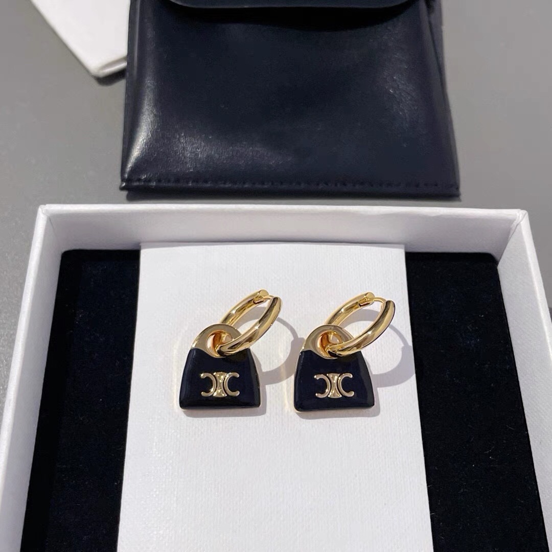 Celine Triomphe Padlock Charm Hoop Earrings earrings gold-tone metal with black enamel and gold Triomphe logo detailing 1 5cm hoop diameter 2cm total drop length