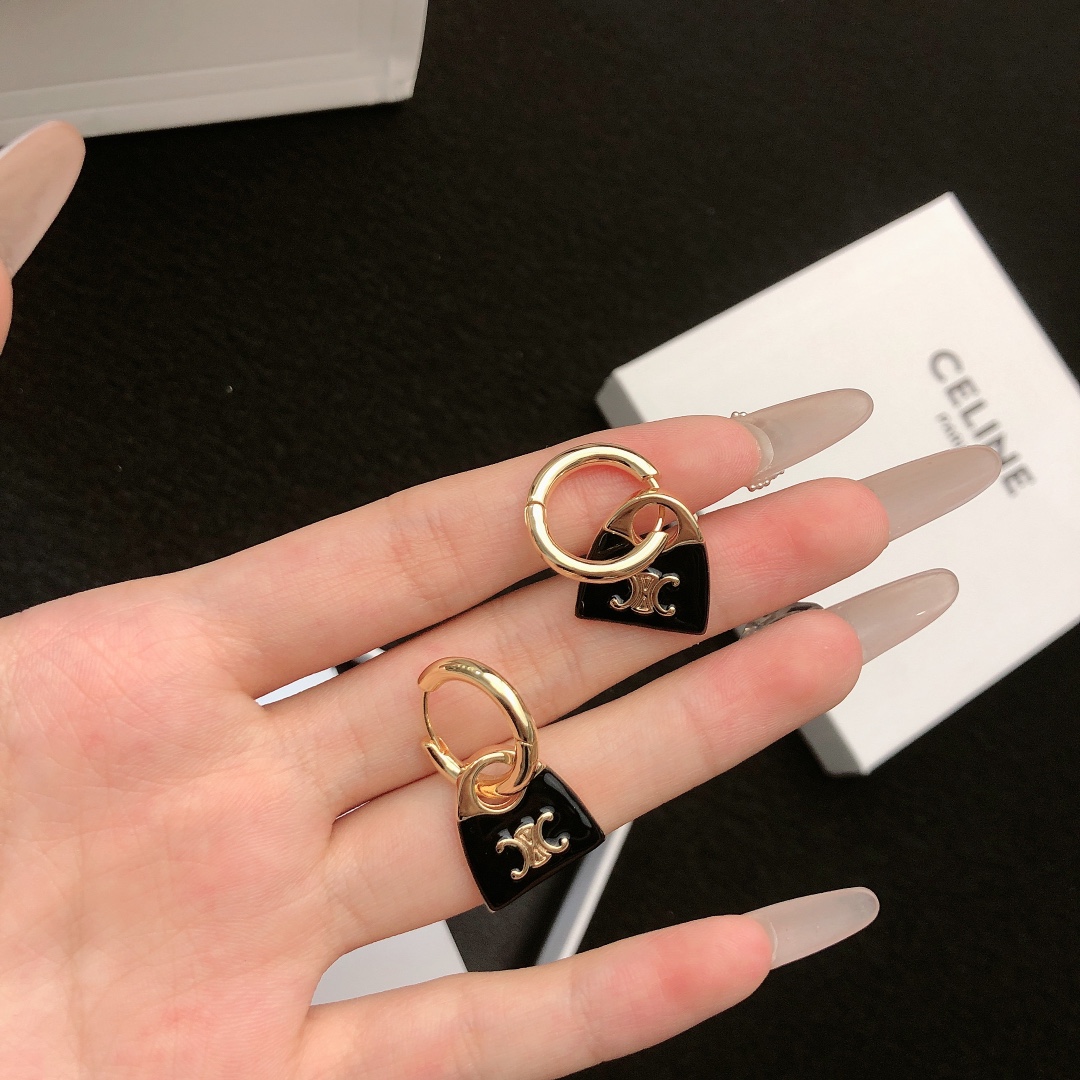 Celine Triomphe Padlock Charm Hoop Earrings earrings gold-tone metal with black enamel and gold Triomphe logo detailing 1 5cm hoop diameter 2cm total drop length