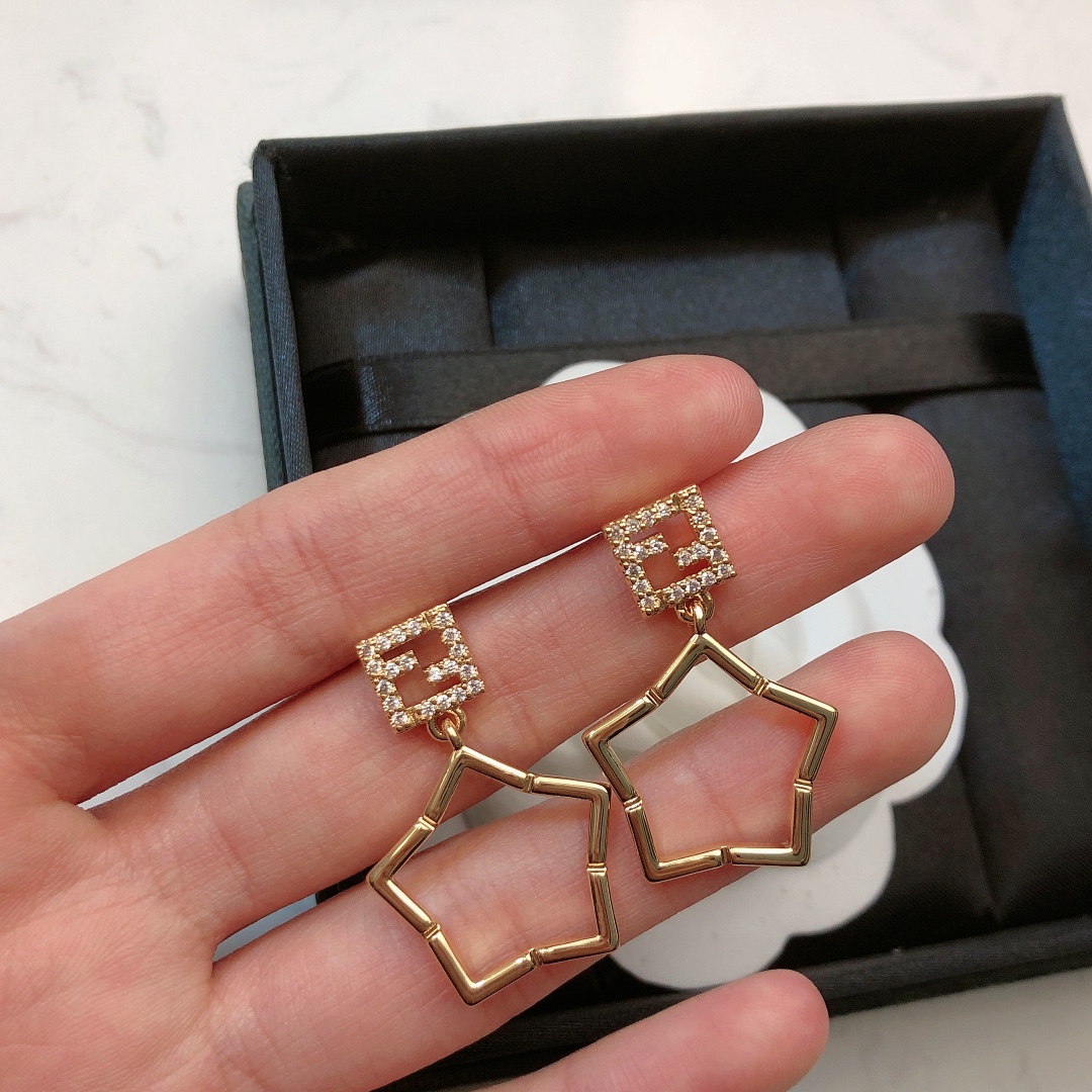 Fendi FF Logo Star Drop Earrings earrings Gold-tone metal with clear crystal pave accents One Size drop length approx 3 5cm