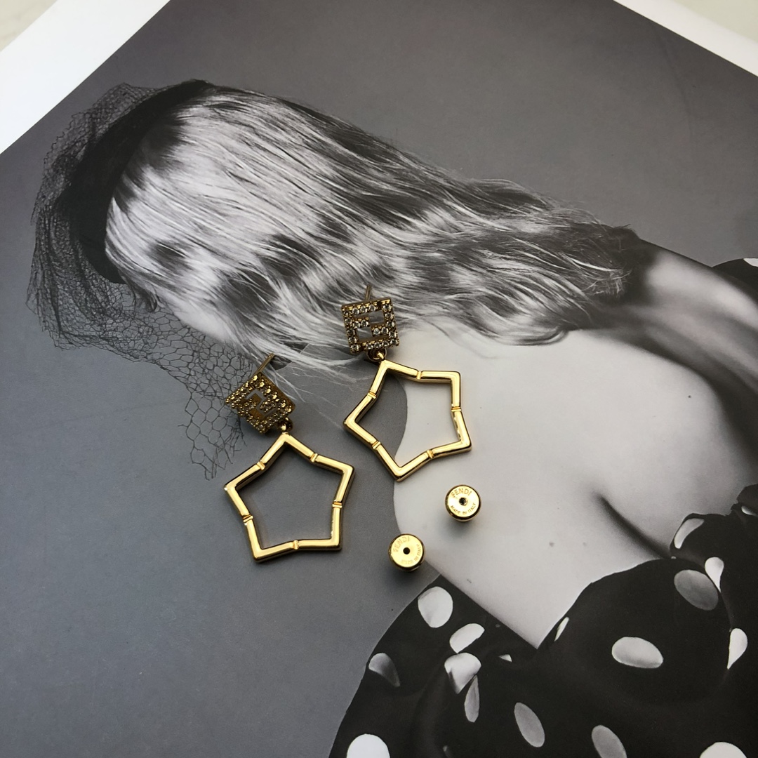 Fendi FF Logo Star Drop Earrings earrings Gold-tone metal with clear crystal pave accents One Size drop length approx 3 5cm
