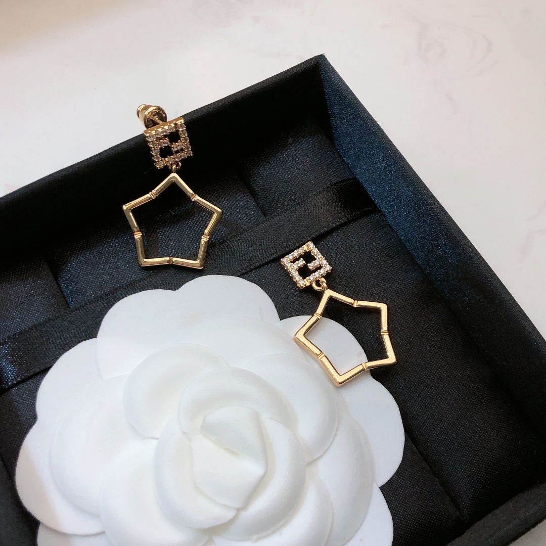 Fendi FF Logo Star Drop Earrings earrings Gold-tone metal with clear crystal pave accents One Size drop length approx 3 5cm