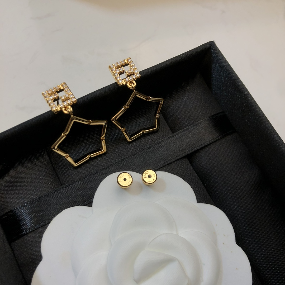 Fendi FF Logo Star Drop Earrings earrings Gold-tone metal with clear crystal pave accents One Size drop length approx 3 5cm