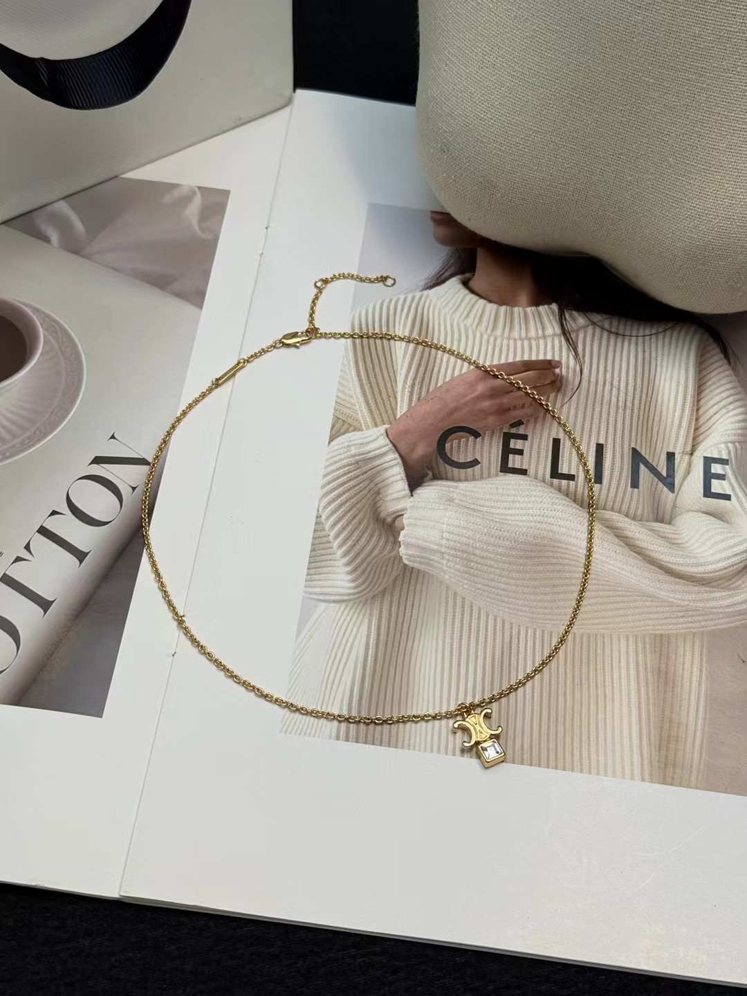 Celine Triomphe Crystal Pendant necklace gold-tone metal with clear faceted crystal 42cm with 5cm extender