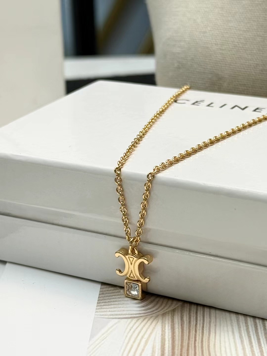Celine Triomphe Crystal Pendant necklace gold-tone metal with clear faceted crystal 42cm with 5cm extender