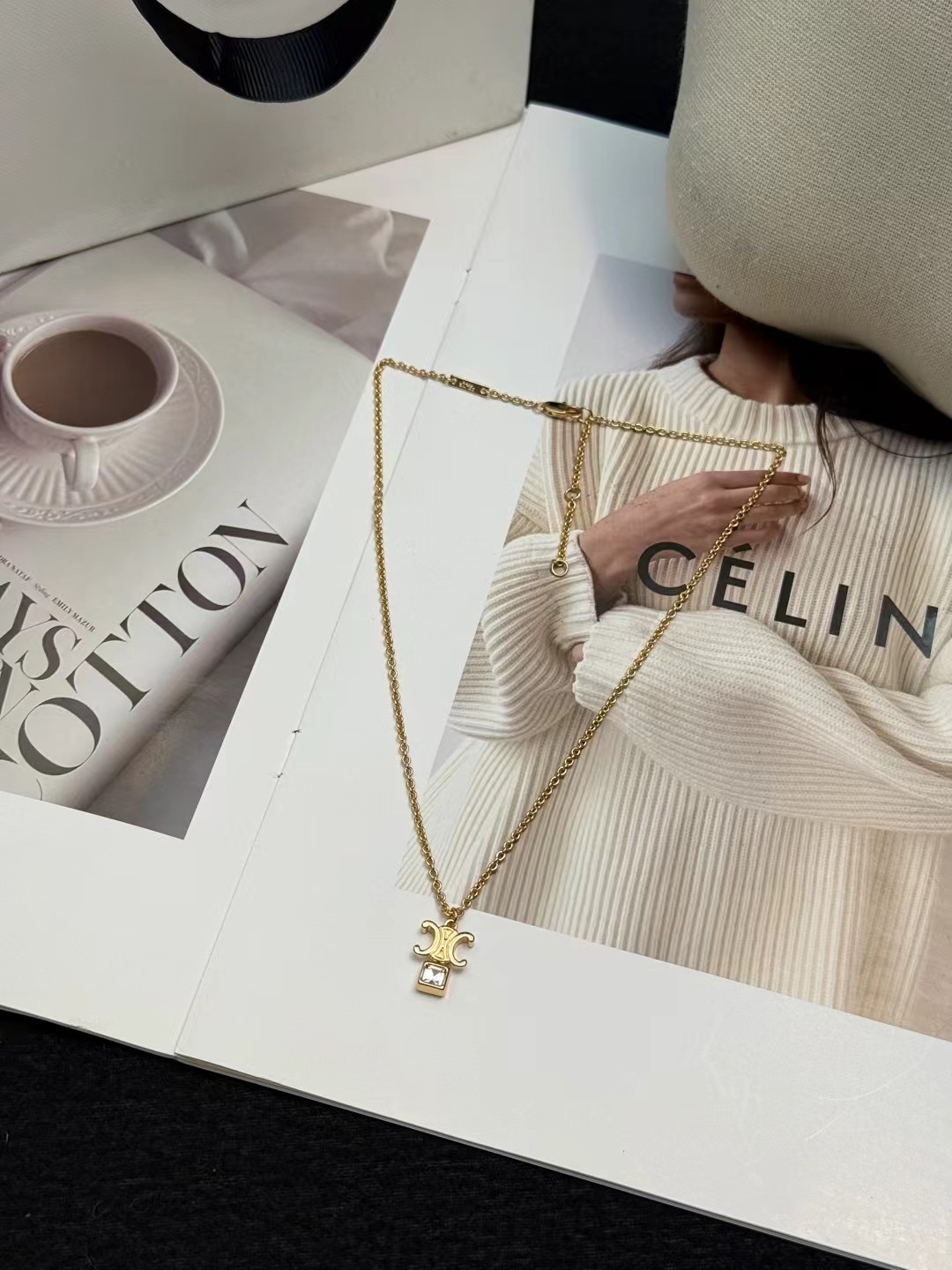 Celine Triomphe Crystal Pendant necklace gold-tone metal with clear faceted crystal 42cm with 5cm extender