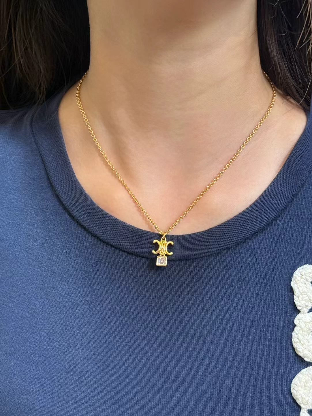 Celine Triomphe Crystal Pendant necklace gold-tone metal with clear faceted crystal 42cm with 5cm extender