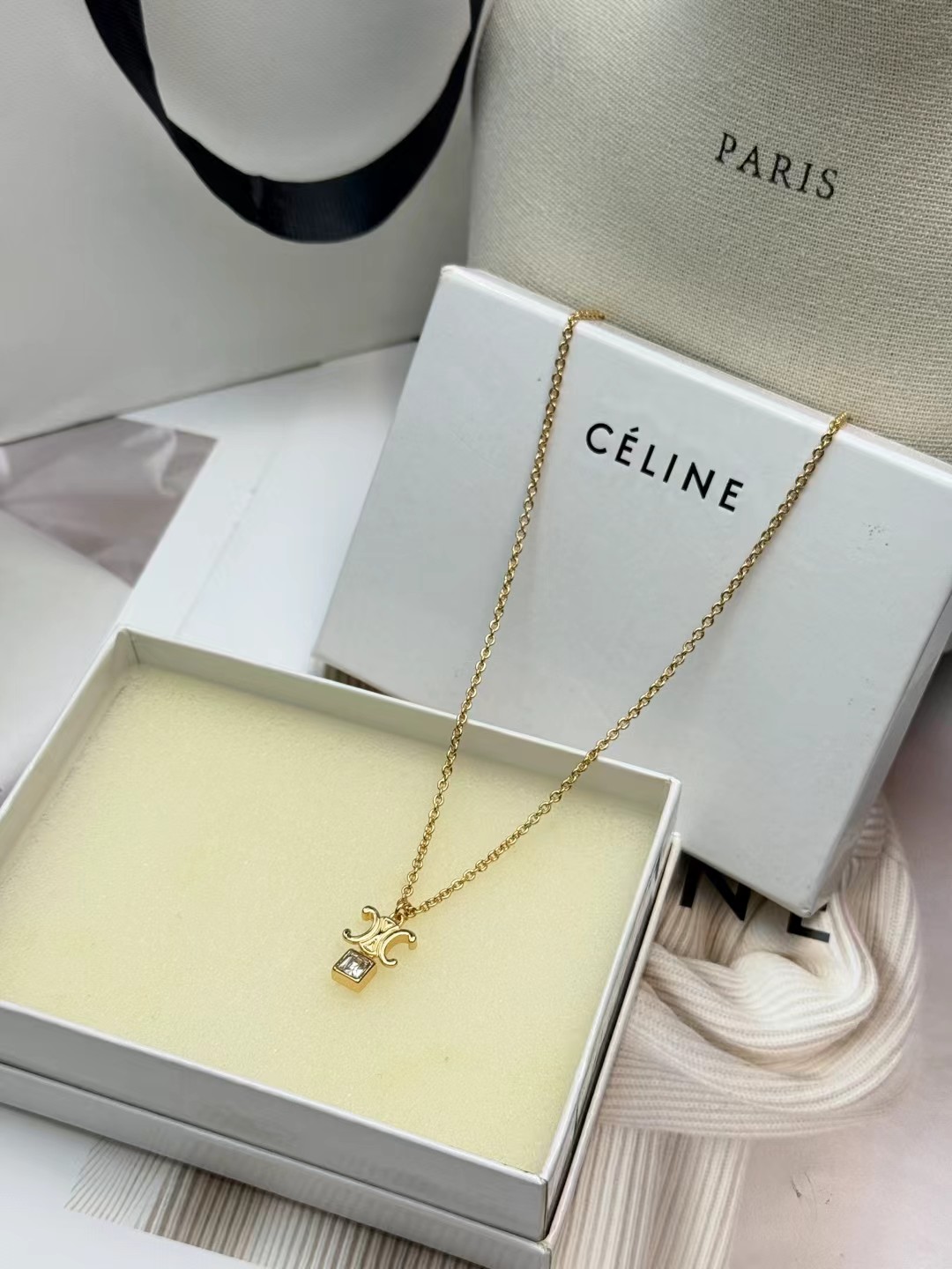 Celine Triomphe Crystal Pendant necklace gold-tone metal with clear faceted crystal 42cm with 5cm extender