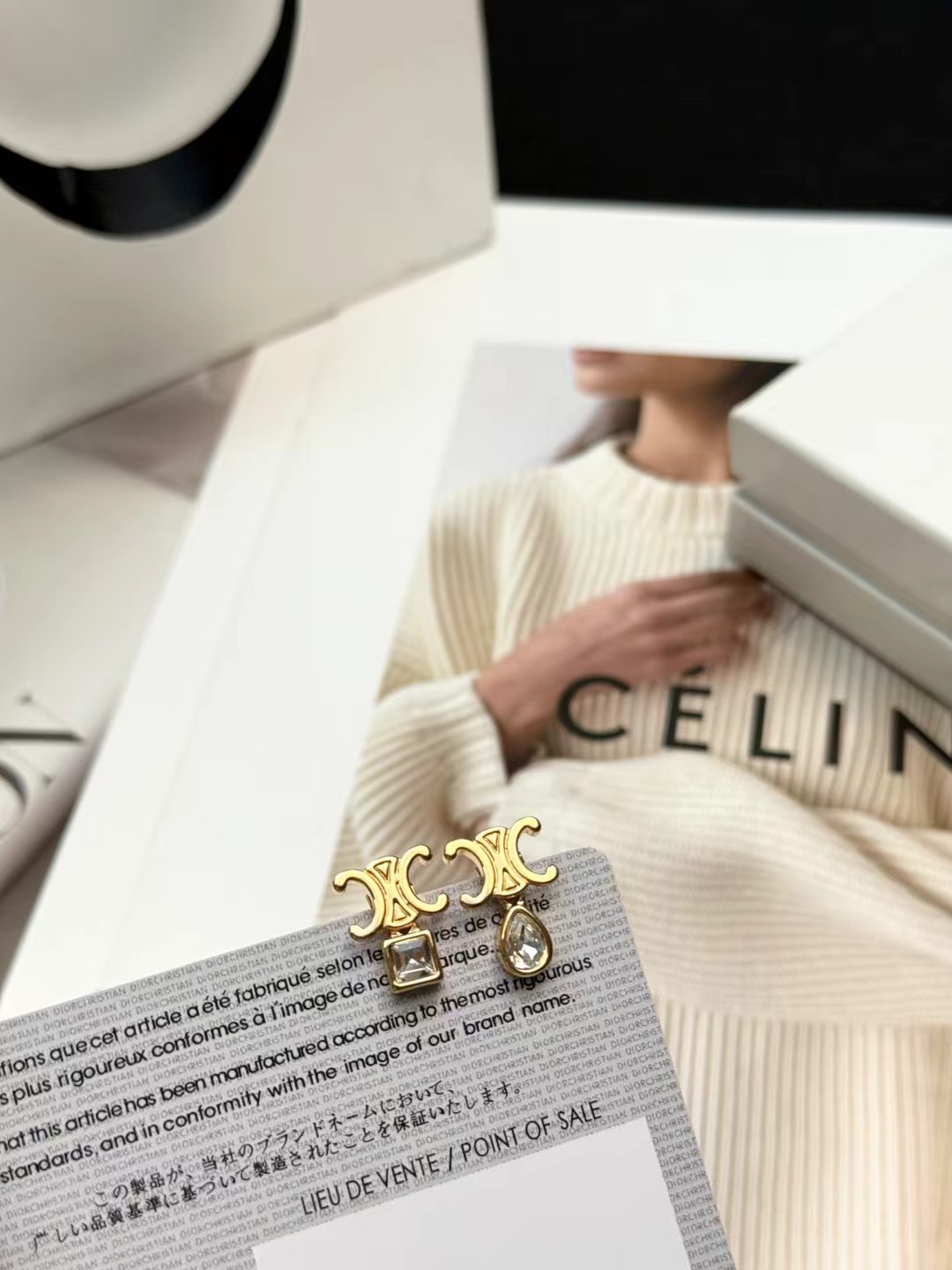 Celine Triomphe Asymmetric Crystal Stud Earrings earrings Gold-tone metal with clear faceted crystals one pear-cut one princess-cut One Size post stud approx 1 2cm drop length