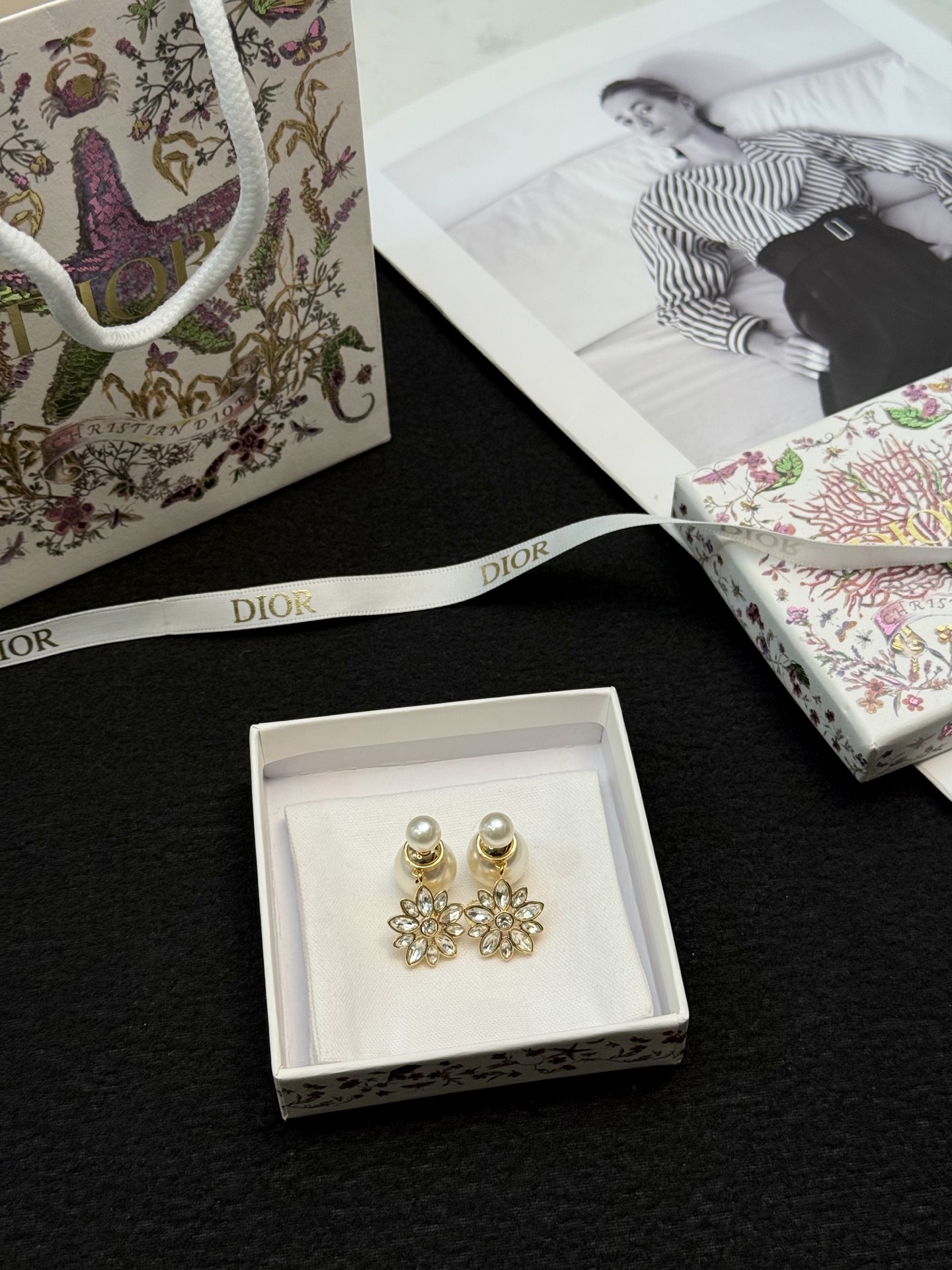 Dior Tribales Pearl Crystal Flower Drop Earrings earrings Gold-tone metal white faux pearl clear faceted crystal Drop length approximately 2 5cm