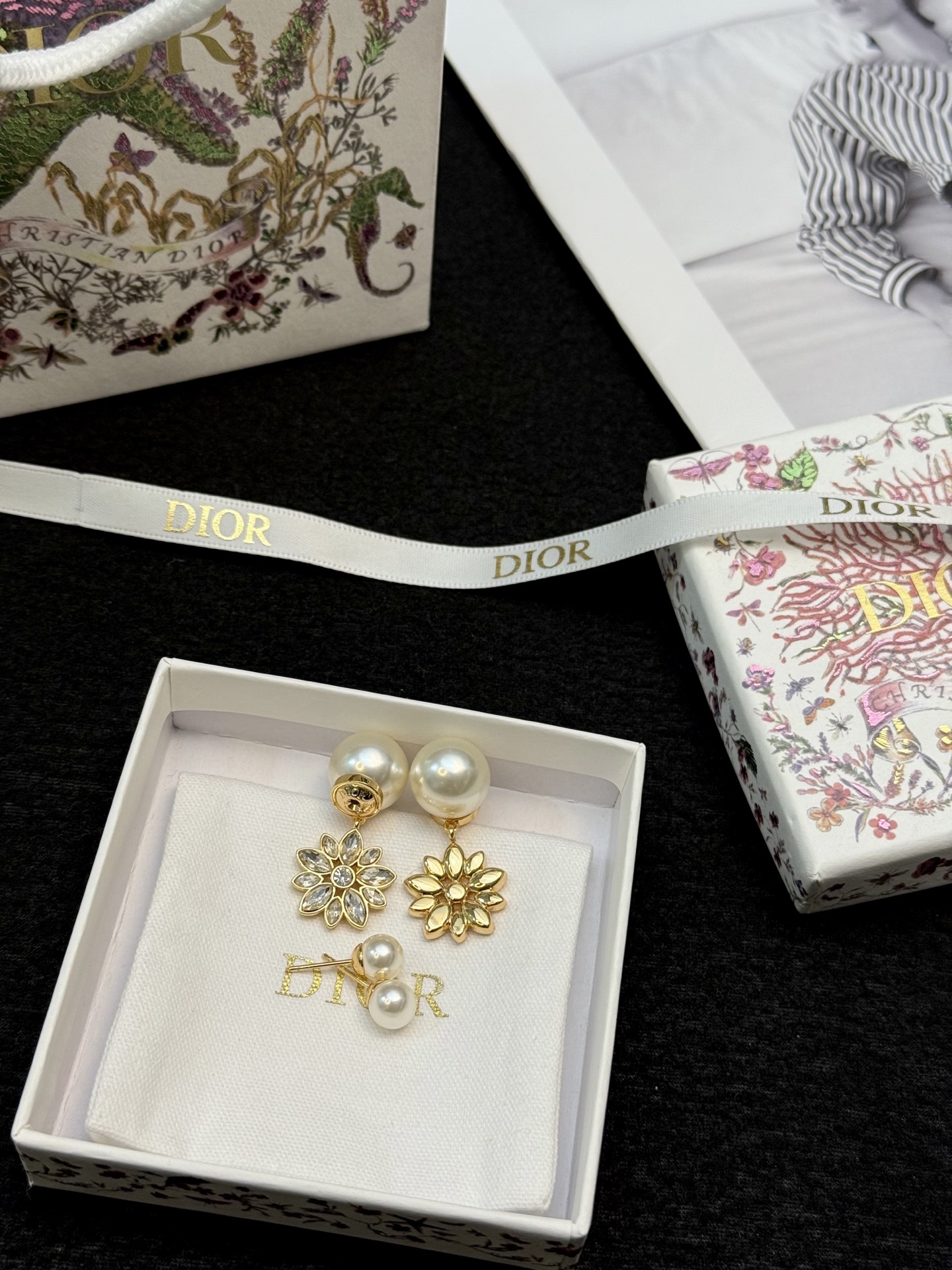 Dior Tribales Pearl Crystal Flower Drop Earrings earrings Gold-tone metal white faux pearl clear faceted crystal Drop length approximately 2 5cm