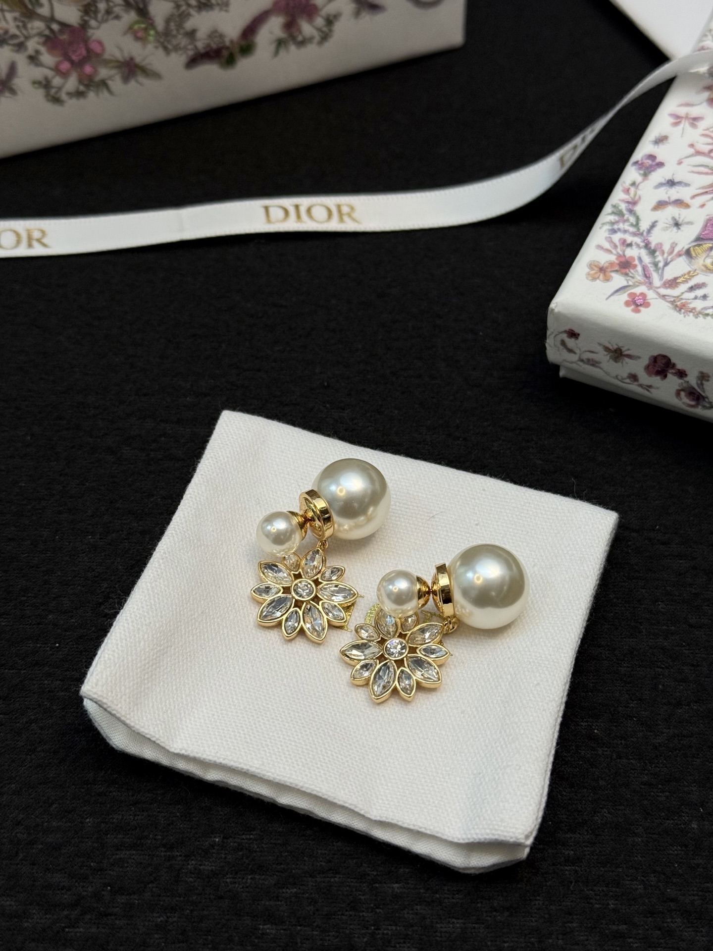 Dior Tribales Pearl Crystal Flower Drop Earrings earrings Gold-tone metal white faux pearl clear faceted crystal Drop length approximately 2 5cm