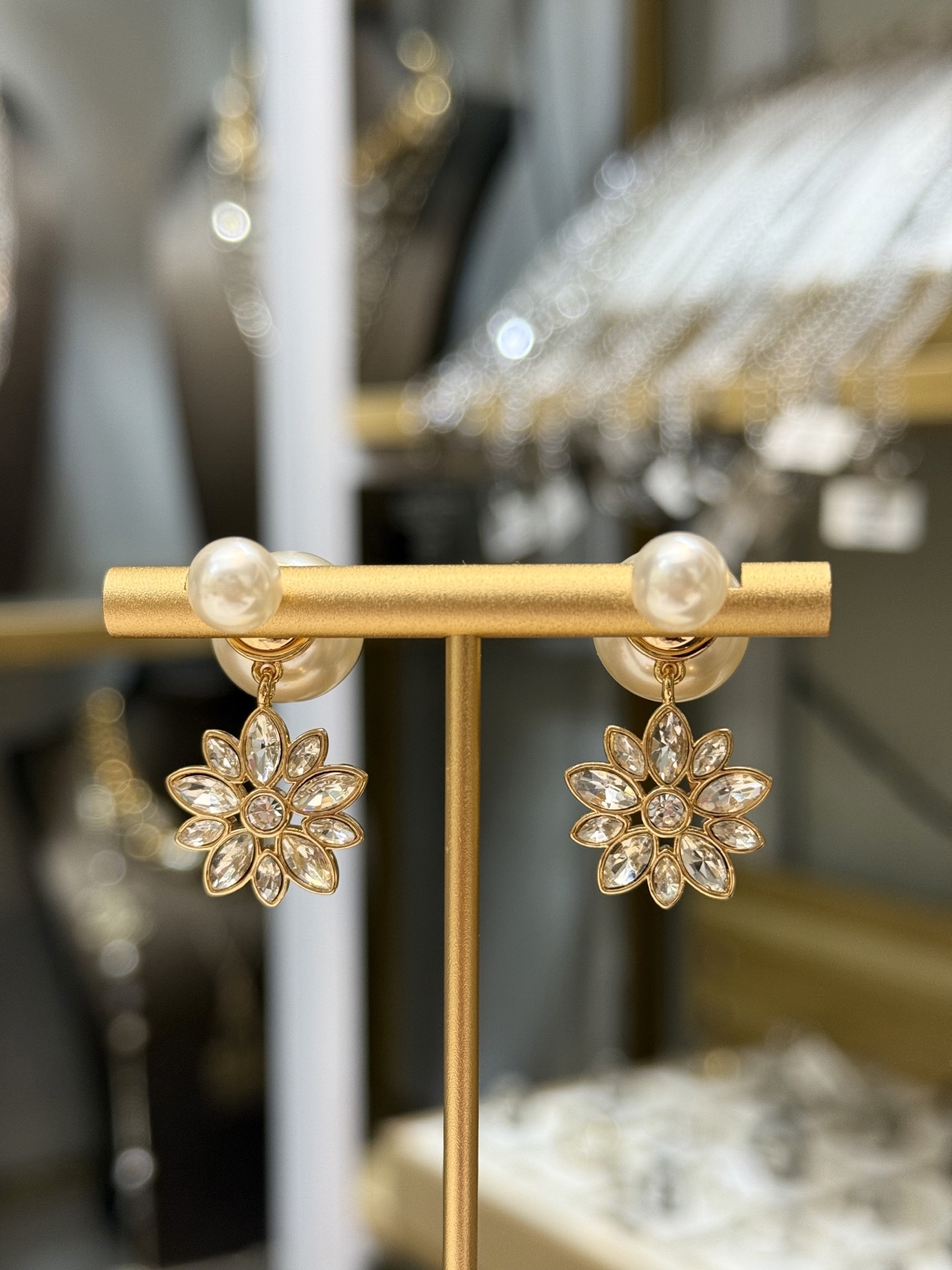 Dior Tribales Pearl Crystal Flower Drop Earrings earrings Gold-tone metal white faux pearl clear faceted crystal Drop length approximately 2 5cm