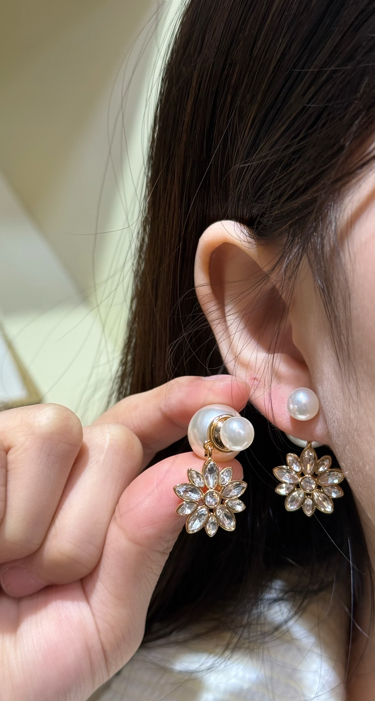 Dior Tribales Pearl Crystal Flower Drop Earrings earrings Gold-tone metal white faux pearl clear faceted crystal Drop length approximately 2 5cm