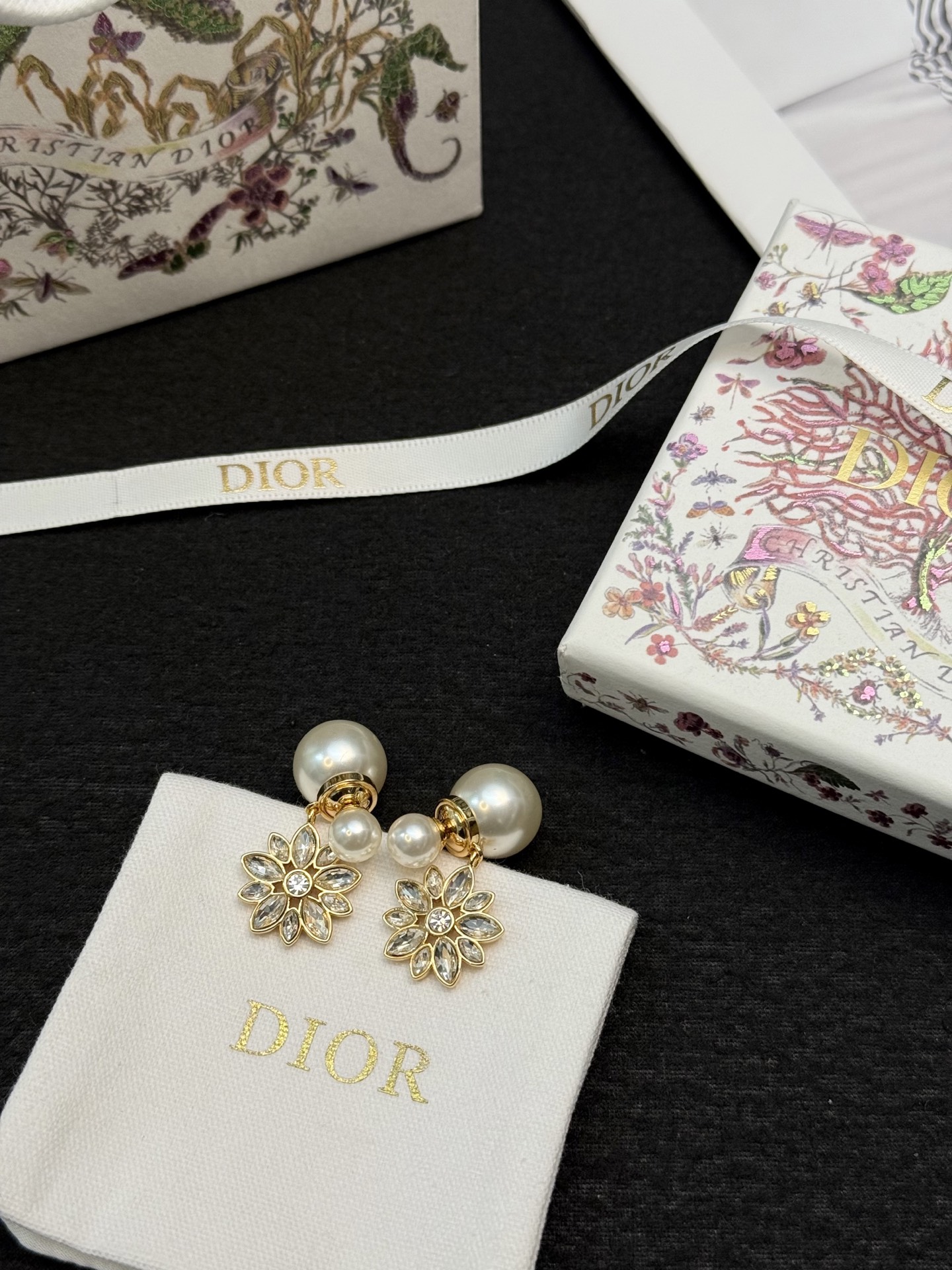 Dior Tribales Pearl Crystal Flower Drop Earrings earrings Gold-tone metal white faux pearl clear faceted crystal Drop length approximately 2 5cm