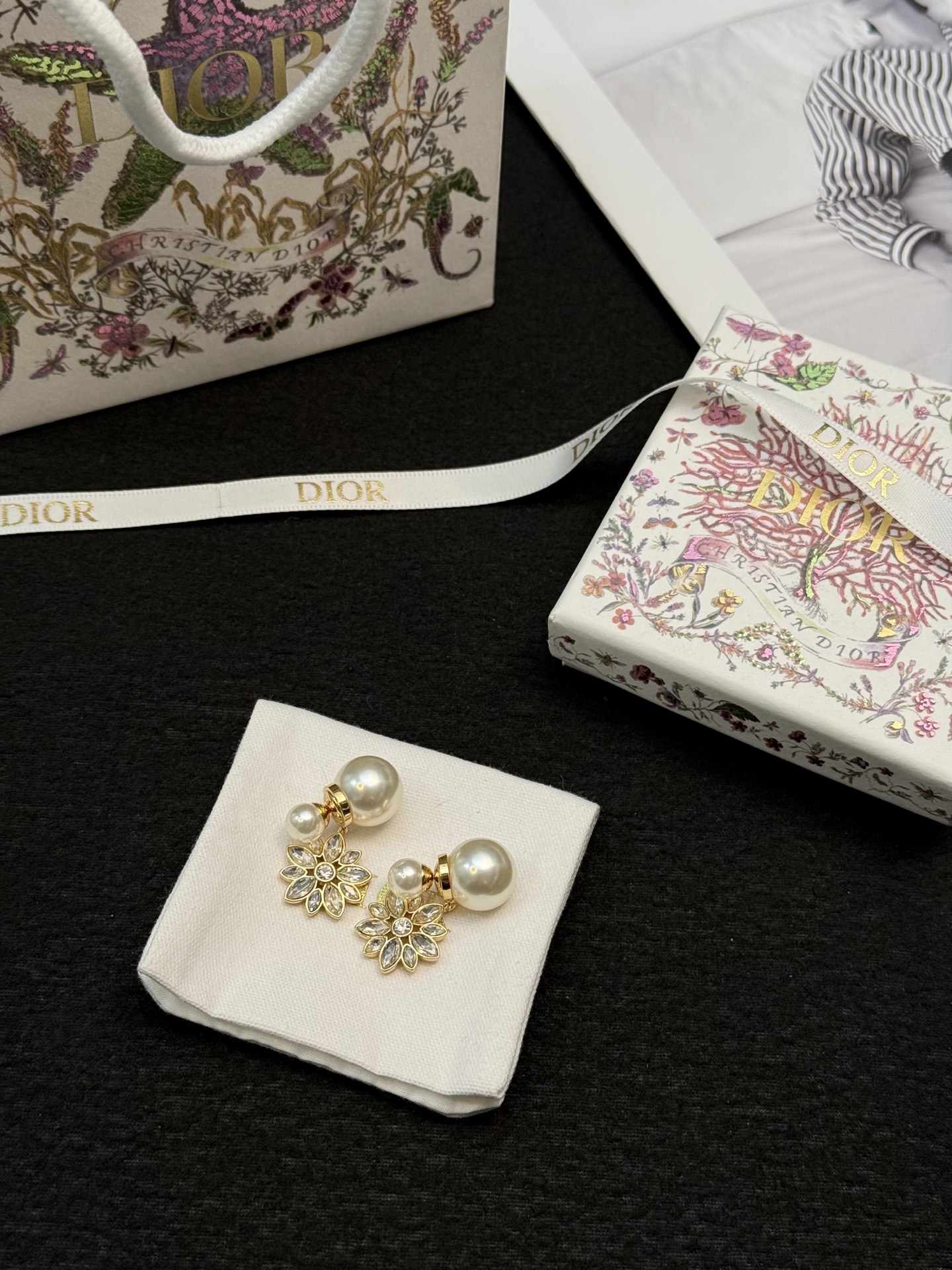 Dior Tribales Pearl Crystal Flower Drop Earrings earrings Gold-tone metal white faux pearl clear faceted crystal Drop length approximately 2 5cm