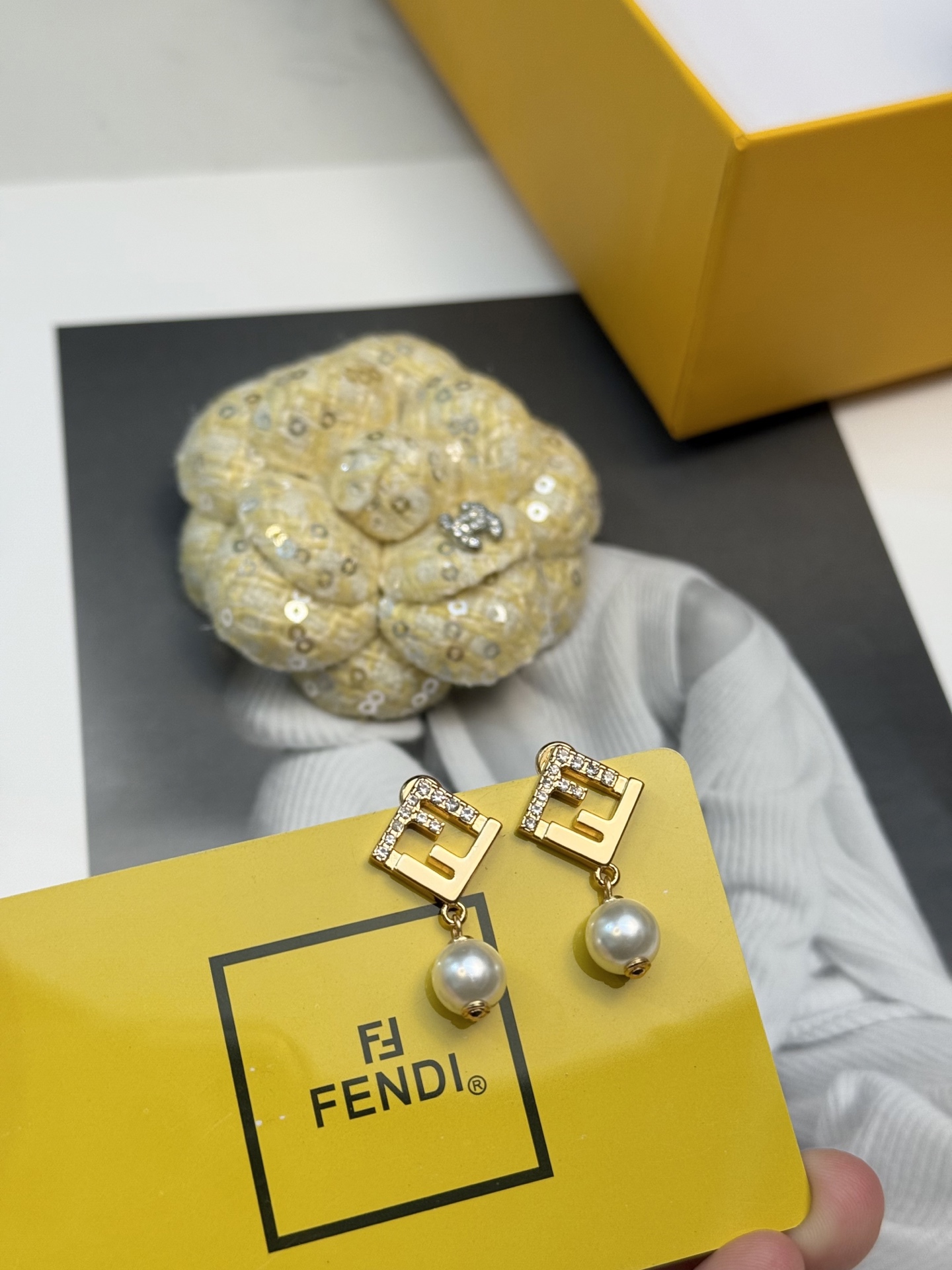 Fendi FF Logo Pearl Drop Earrings earrings Gold-tone metal with clear crystal accents and white pearl drops One size post stud 2cm total drop length
