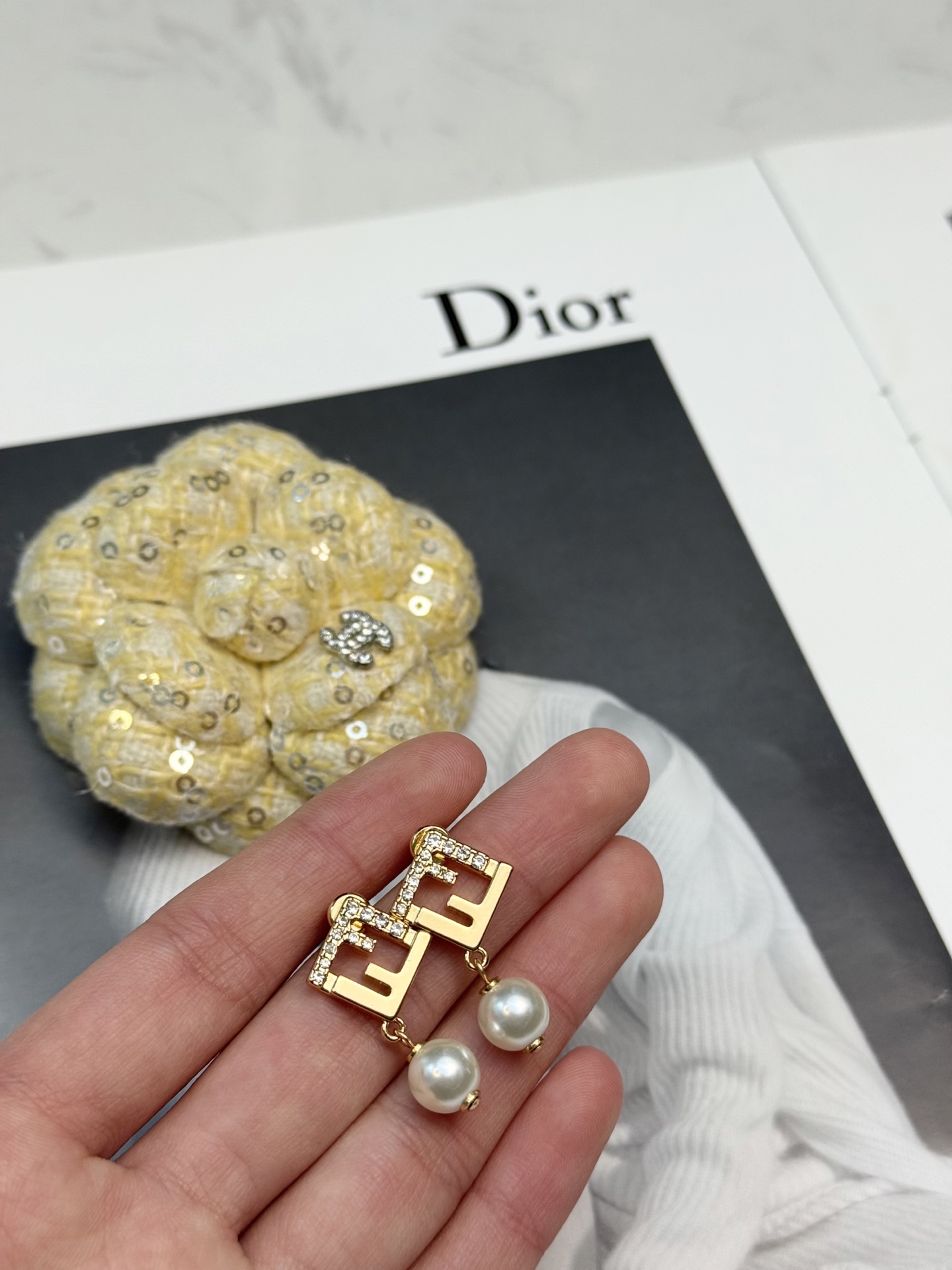 Fendi FF Logo Pearl Drop Earrings earrings Gold-tone metal with clear crystal accents and white pearl drops One size post stud 2cm total drop length