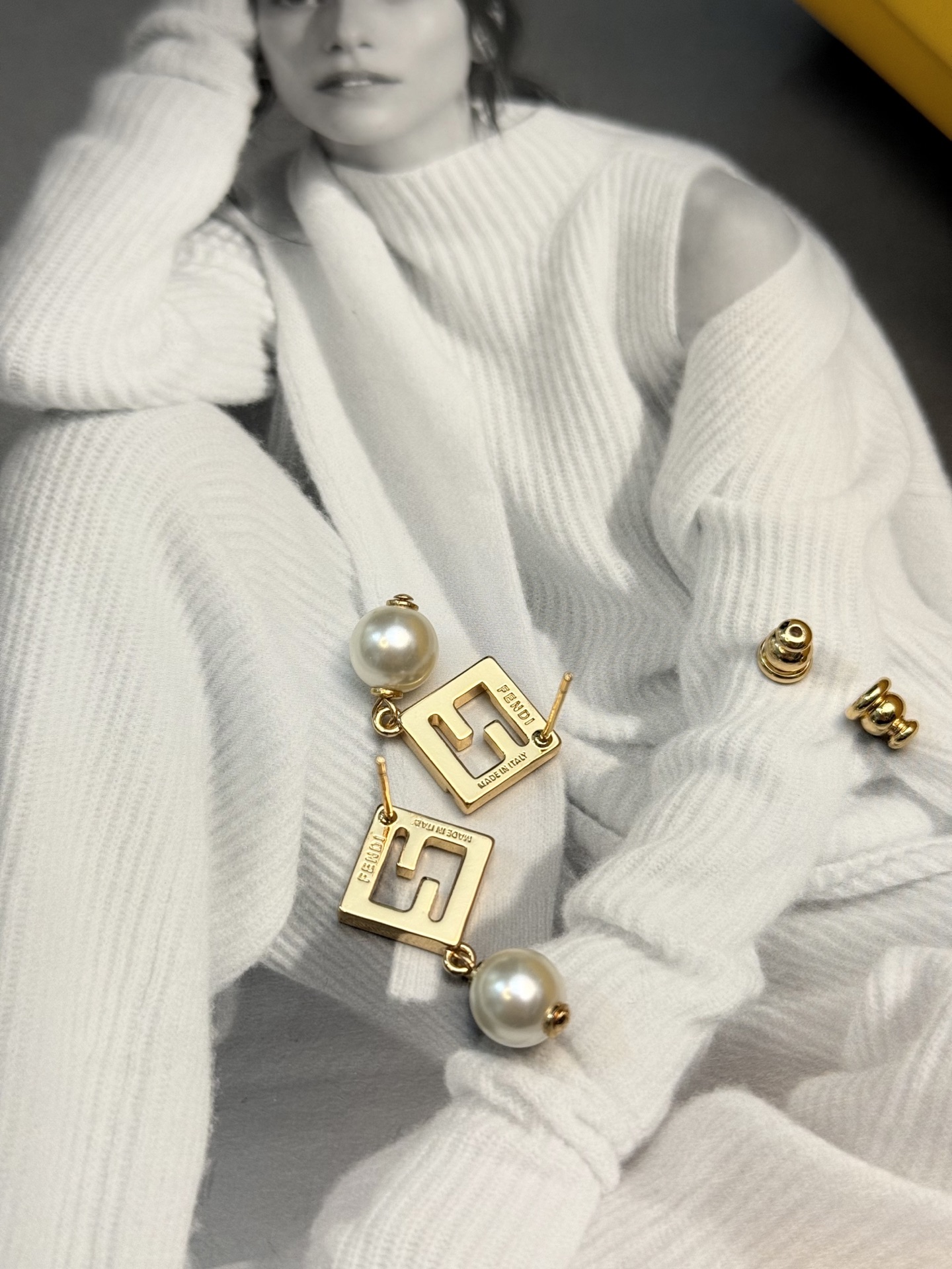 Fendi FF Logo Pearl Drop Earrings earrings Gold-tone metal with clear crystal accents and white pearl drops One size post stud 2cm total drop length