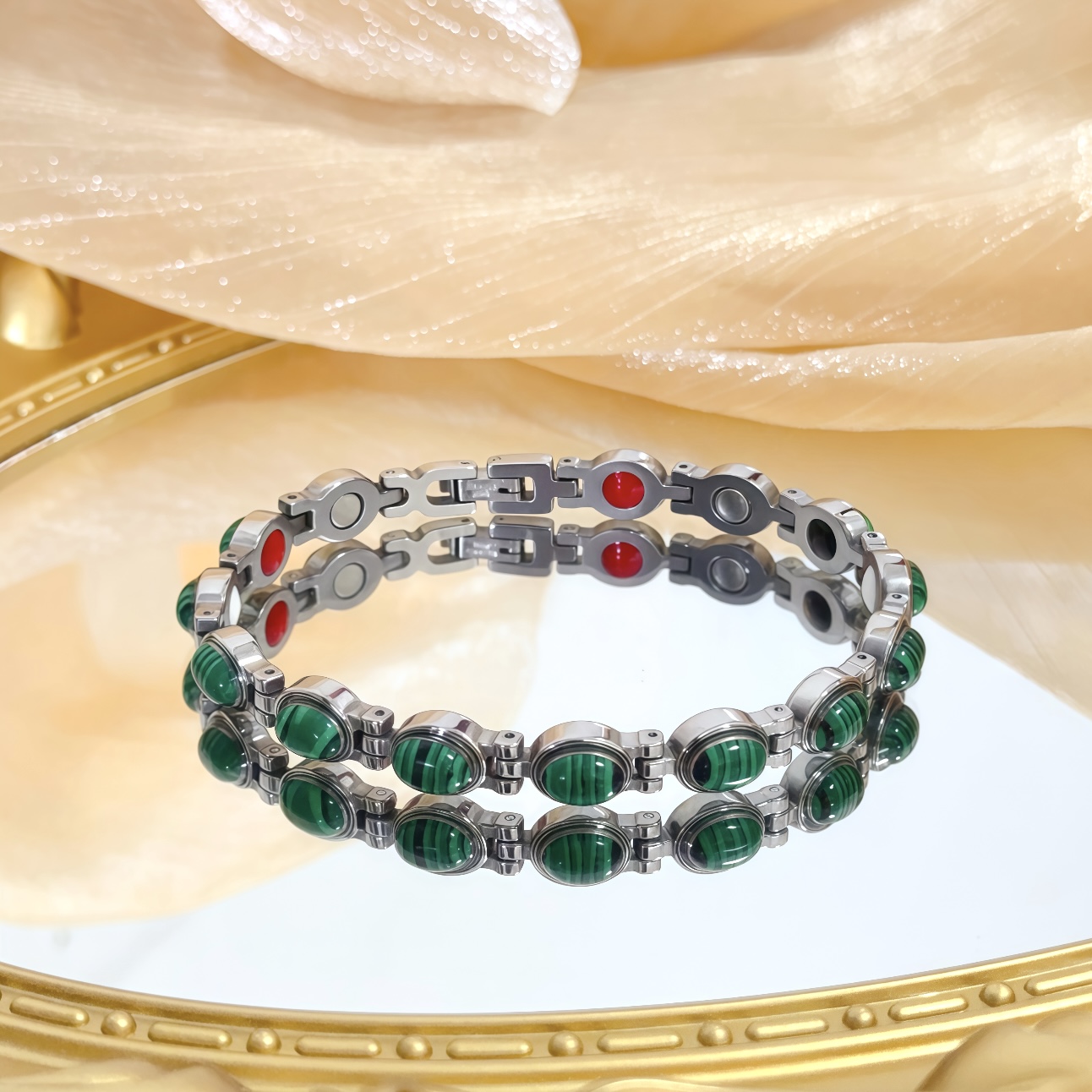 Piaget Malachite Magnetic Link Bracelet bracelet Silver-toned stainless steel with green malachite cabochons red black white and silver magnetic inlays 19cm