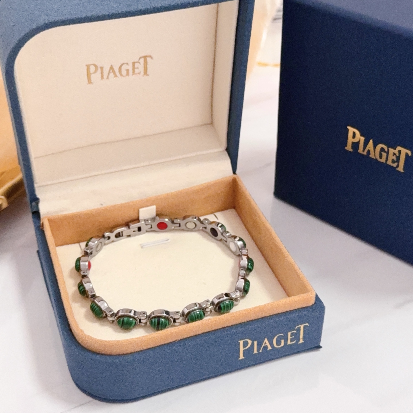 Piaget Malachite Magnetic Link Bracelet bracelet Silver-toned stainless steel with green malachite cabochons red black white and silver magnetic inlays 19cm