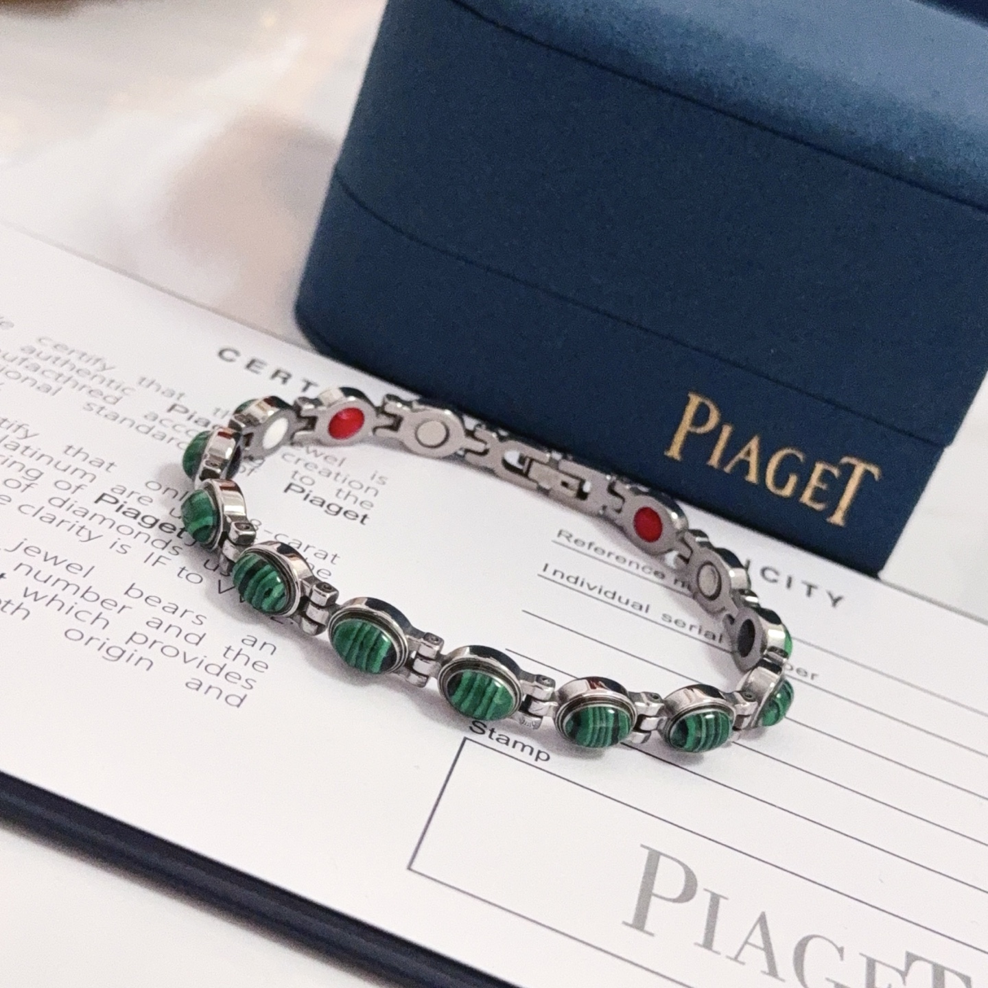 Piaget Malachite Magnetic Link Bracelet bracelet Silver-toned stainless steel with green malachite cabochons red black white and silver magnetic inlays 19cm