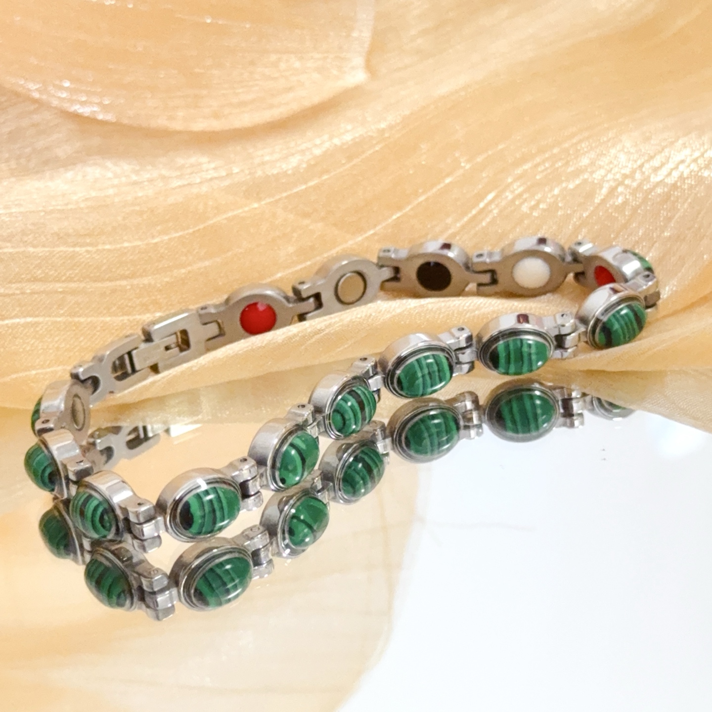 Piaget Malachite Magnetic Link Bracelet bracelet Silver-toned stainless steel with green malachite cabochons red black white and silver magnetic inlays 19cm